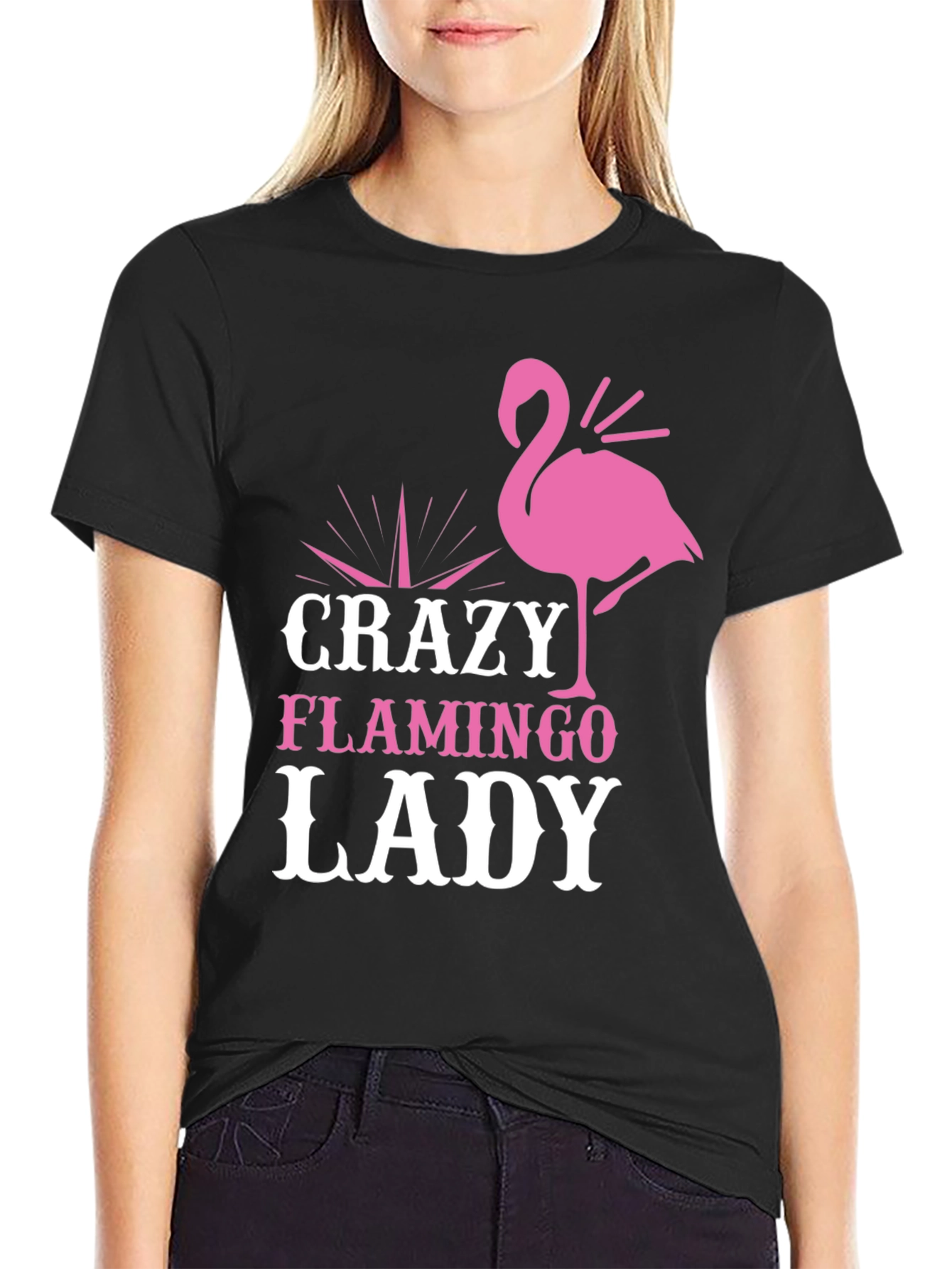 Black Crazy Flamingo Lady Graphic Tee - Black Cotton T-Shirt view 2