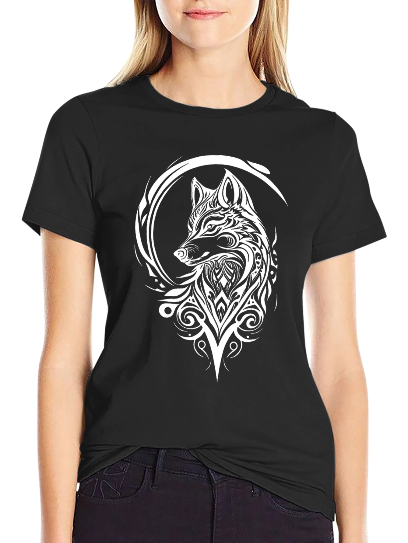 Black Tribal Wolf Graphic Tee - Black Cotton Blend view 2