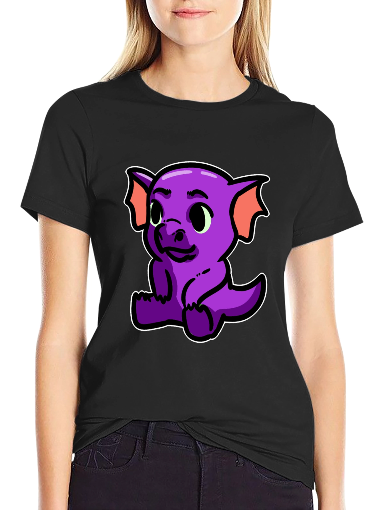 Black Cute Purple Dragon Graphic T-Shirt view 2
