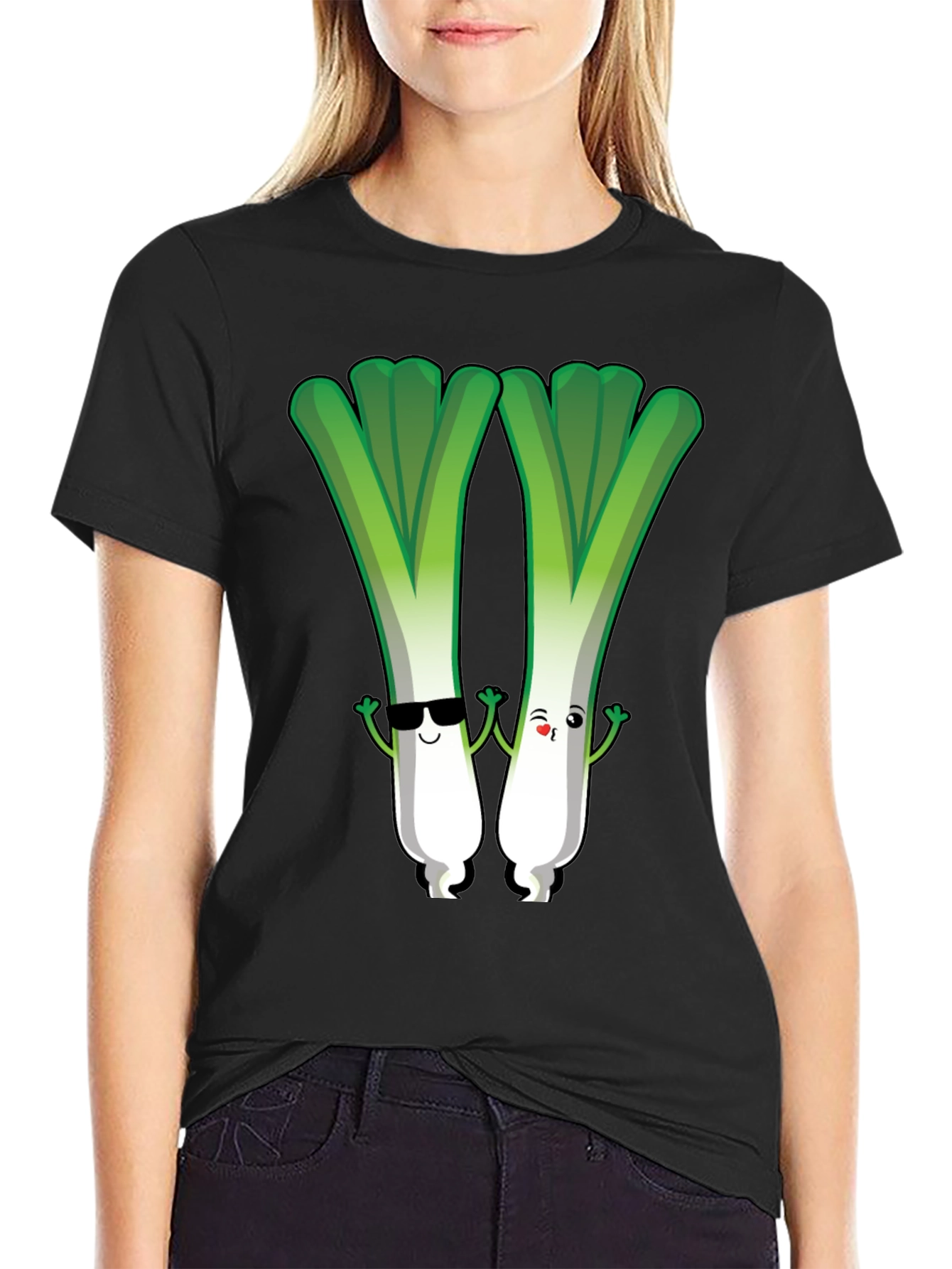Black Cute Leek Character Graphic Tee view 2