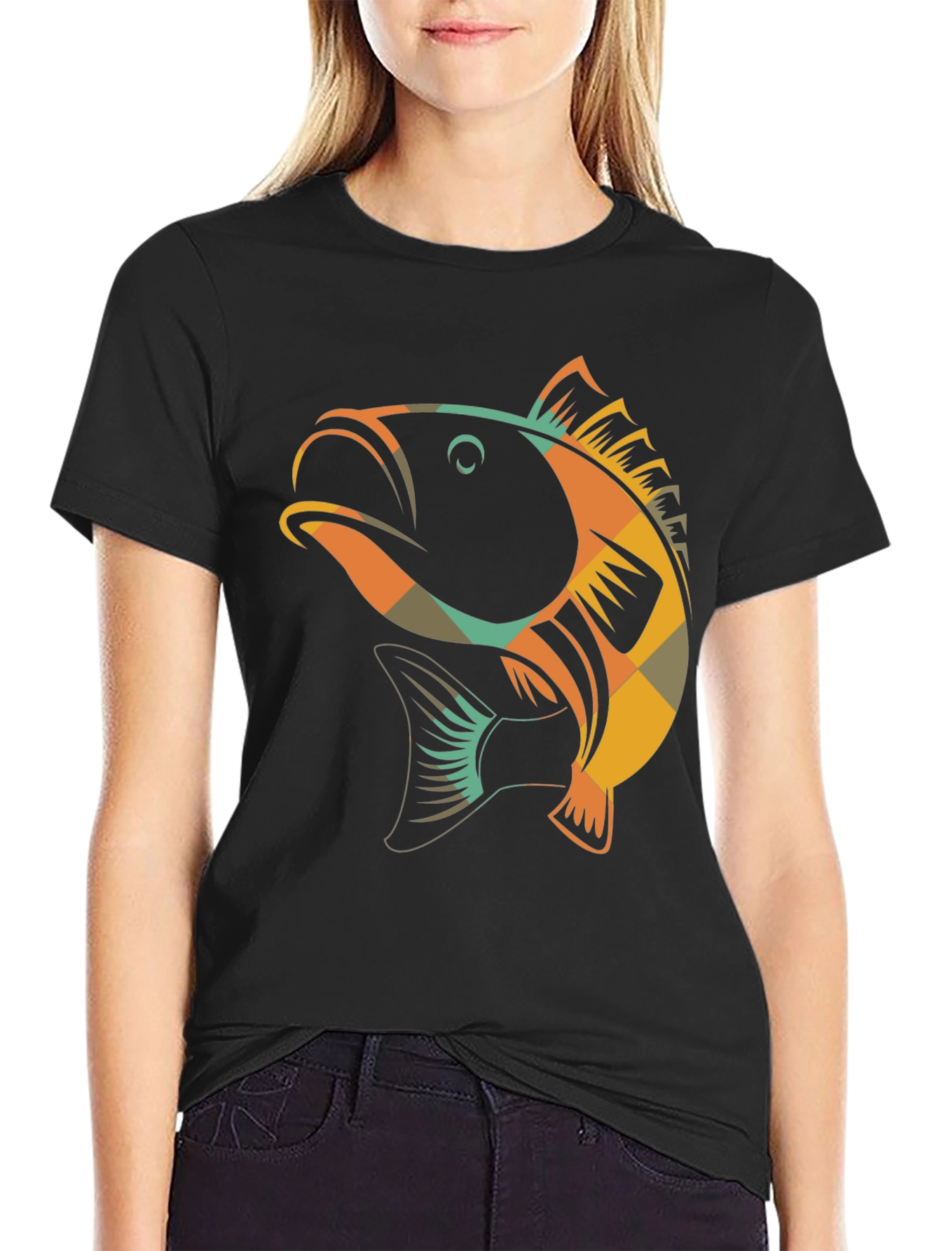 Black Retro Fish Graphic Tee - Black Cotton T-Shirt view 2