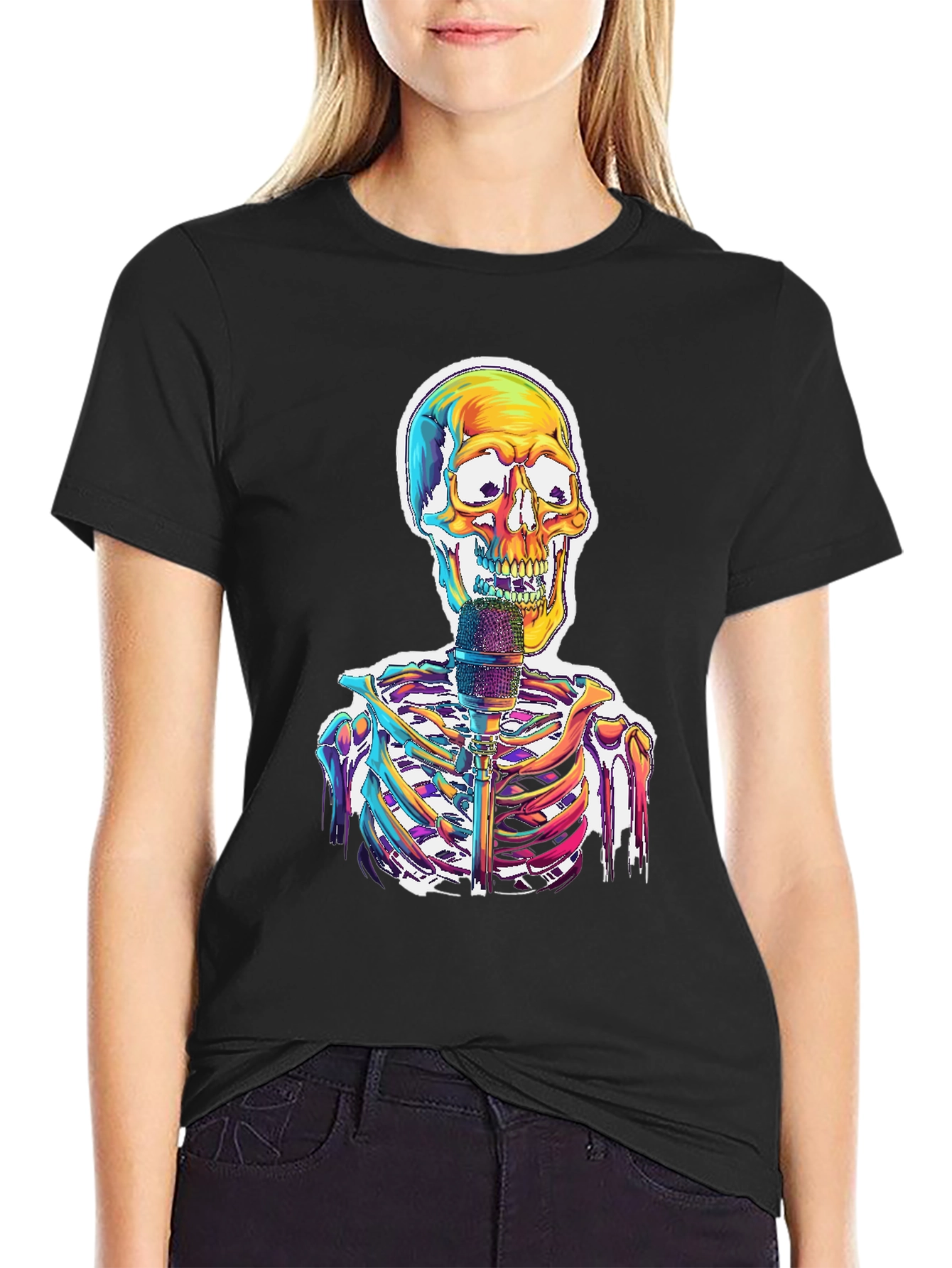 Black Skeleton Singer Graphic Tee - Cool Skull Design view 2