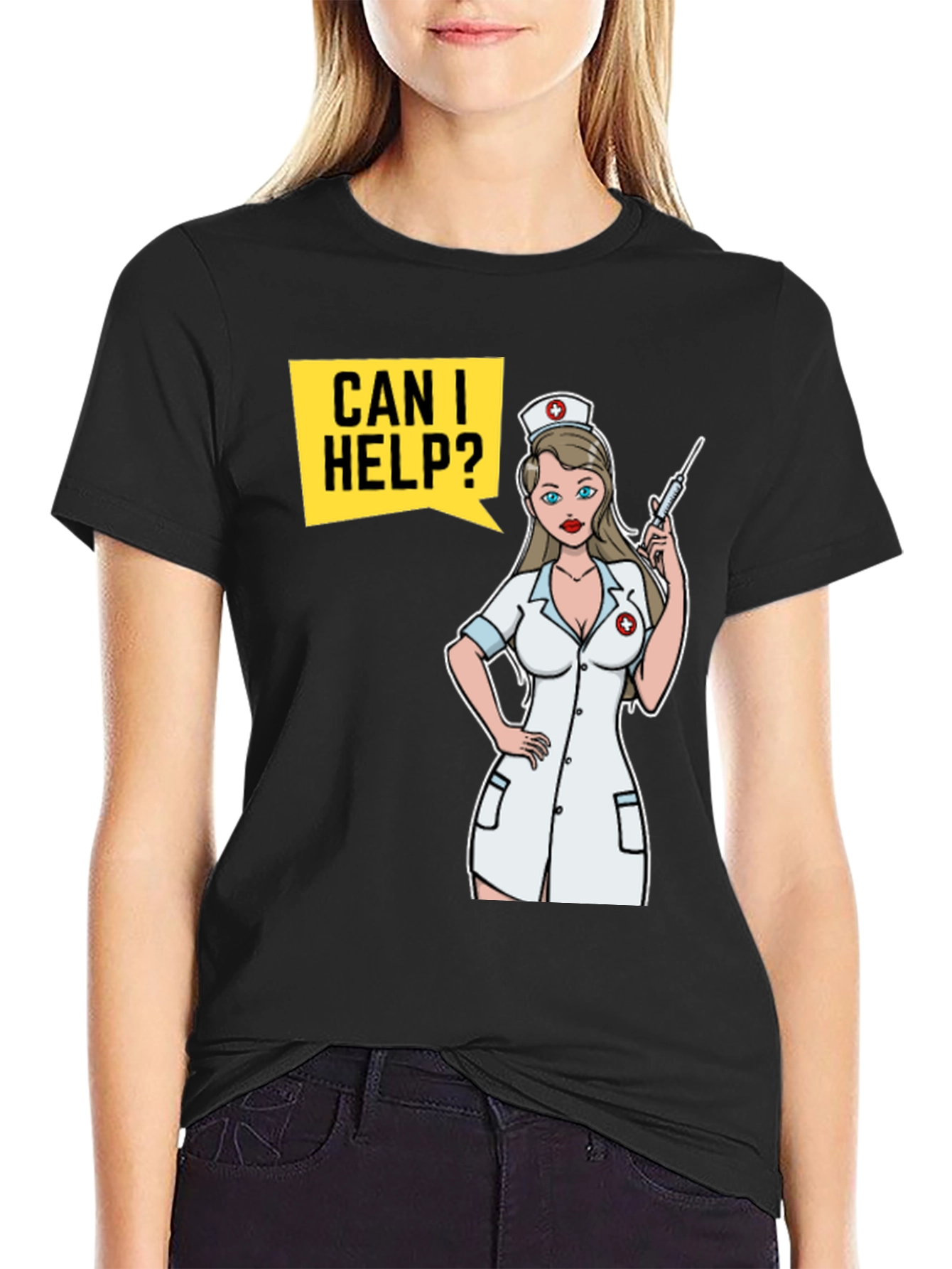 Black Humorous Nurse Cartoon T-Shirt view 2