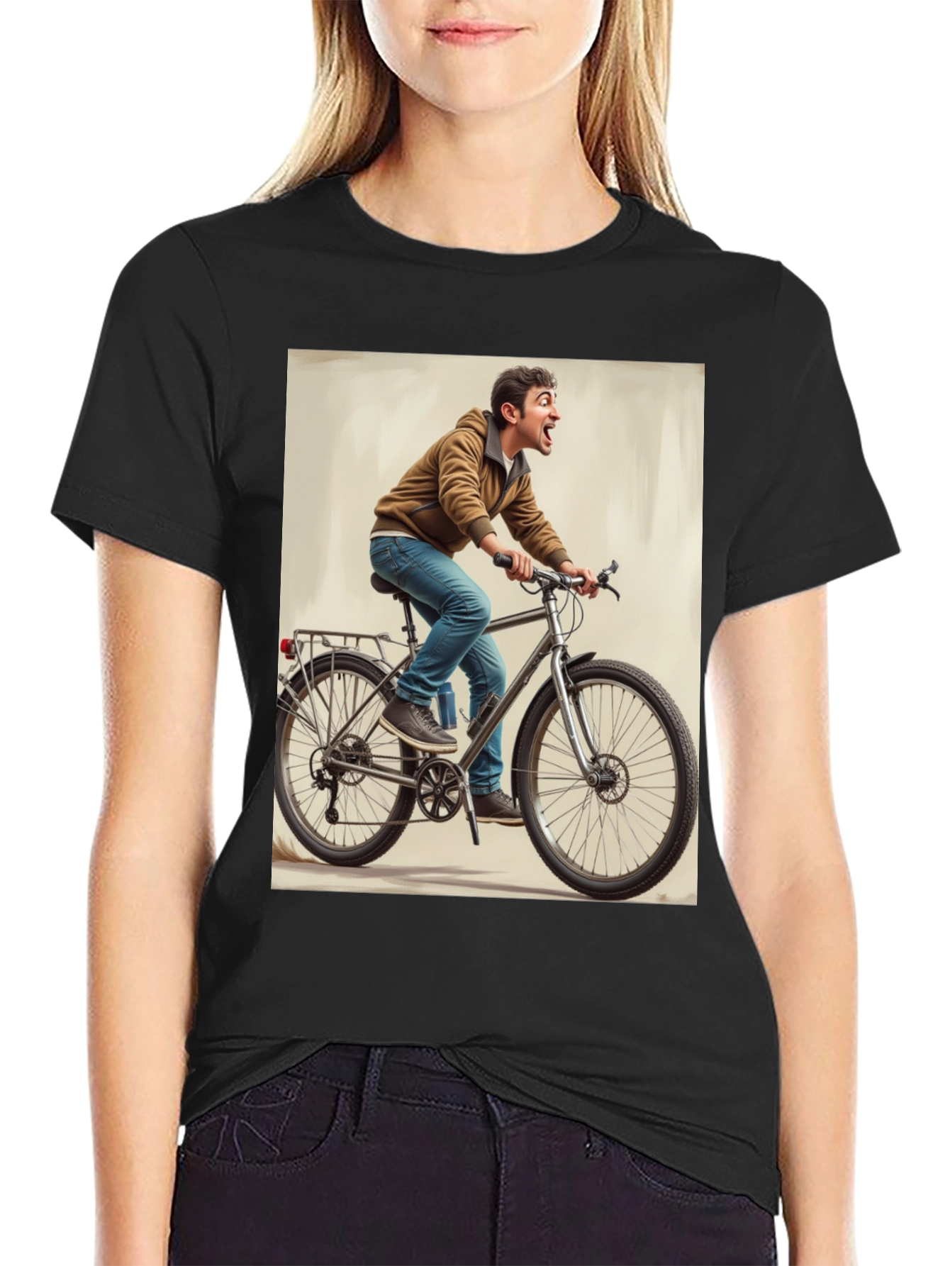 Black Funny Man on Bike Graphic Tee - Black view 2