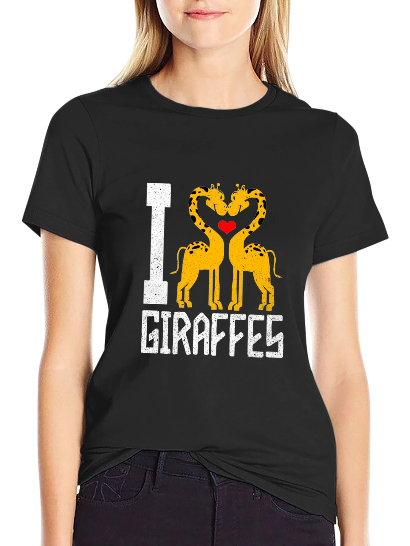 Black I Heart Giraffes Graphic T-Shirt Black Cotton Blend view 2