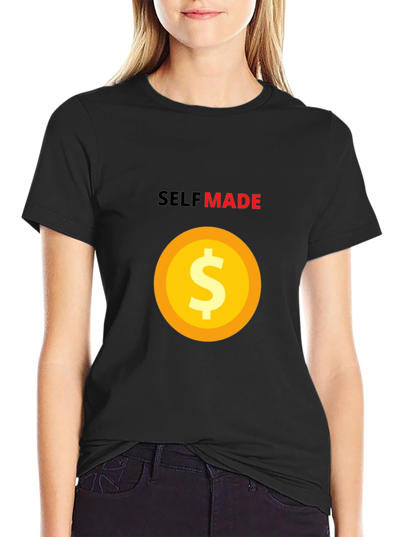 Black Self Made T-Shirt - Gold Dollar Sign - Black Tee view 2