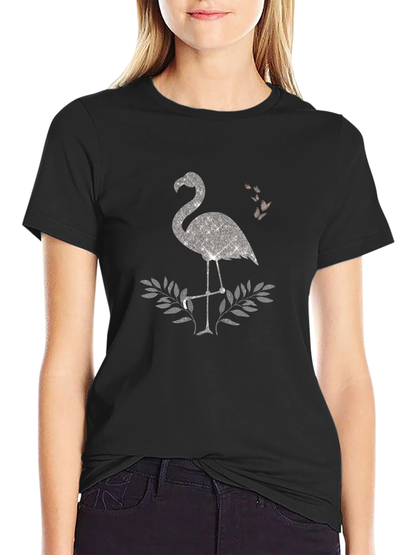 Black Sparkly Flamingo Graphic Tee - Black Cotton Shirt view 2