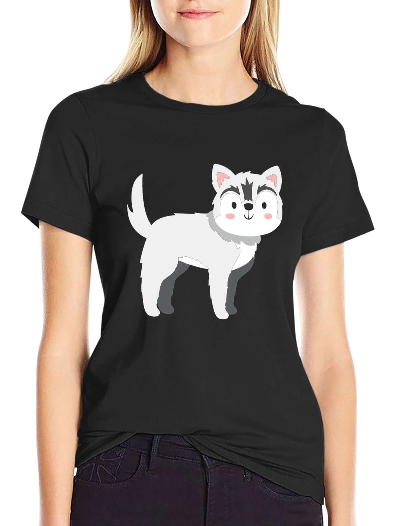Black Cute Cartoon Husky Dog Graphic T-Shirt view 2