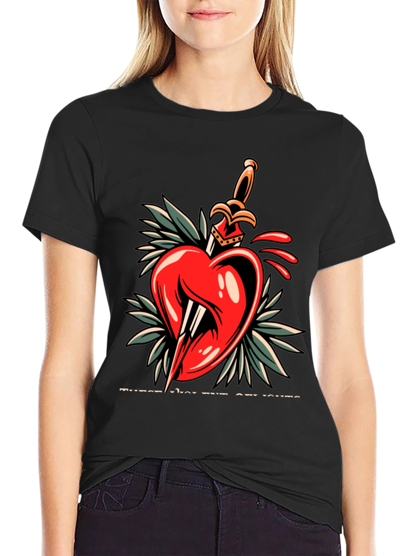 Black Heart & Dagger Graphic Tee - Edgy Streetwear Style view 2
