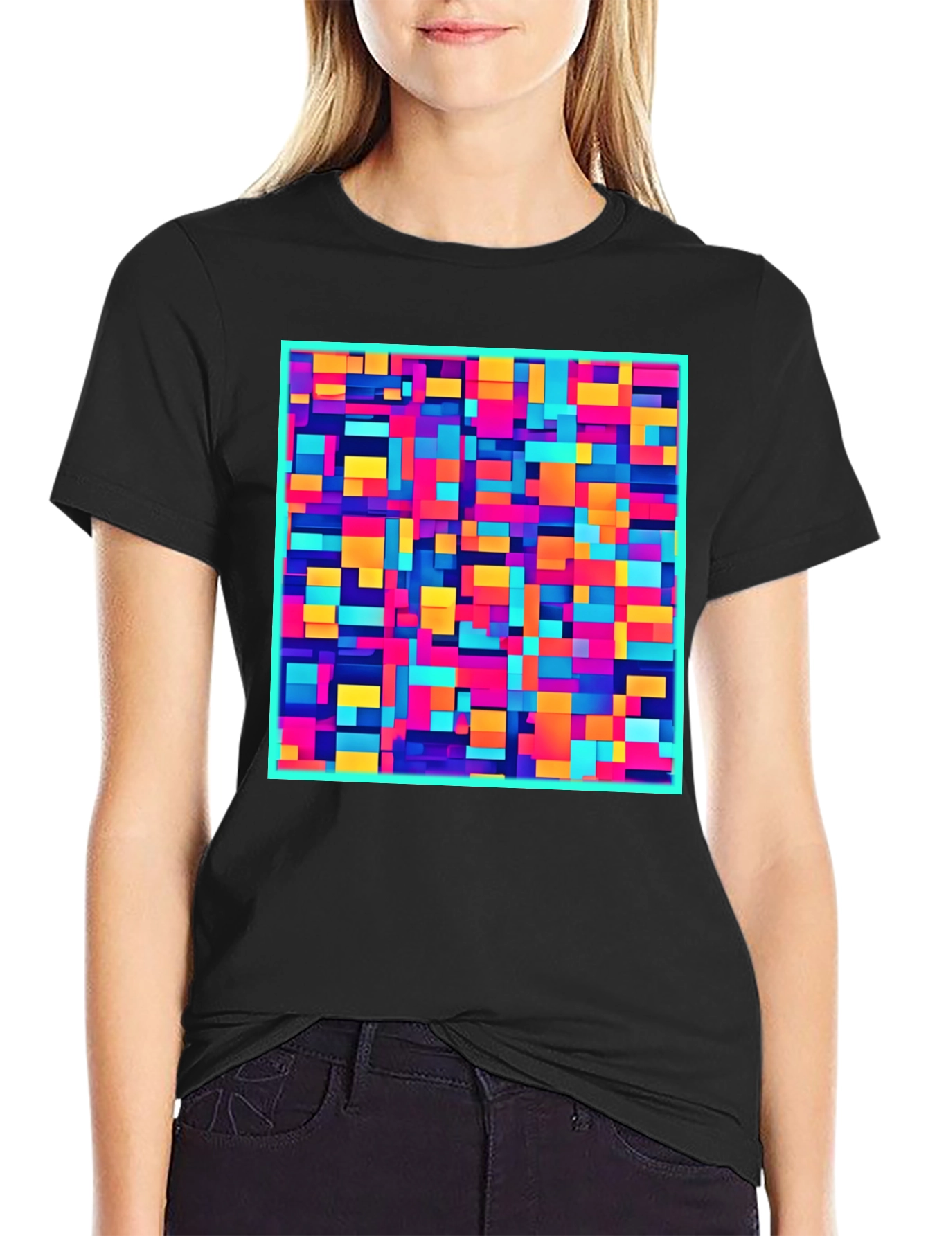 Black Colorful Block Pattern Graphic Tee - Modern Style view 2