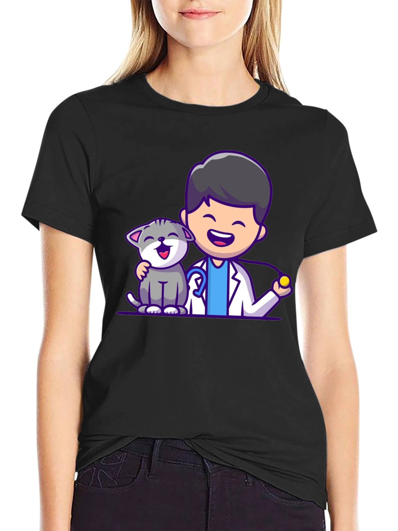 Black Vet & Cat Cartoon T-Shirt - Black view 2