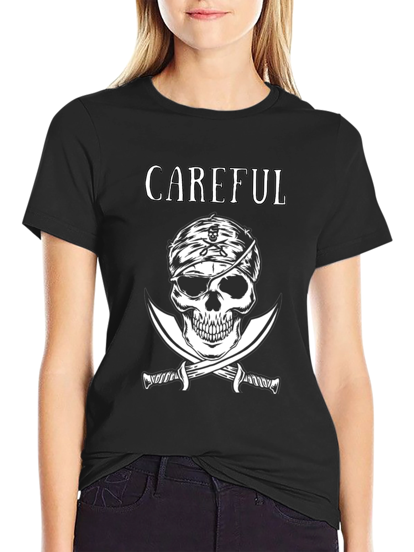 Black Careful Pirate Skull T-Shirt - Edgy Graphic Tee view 2