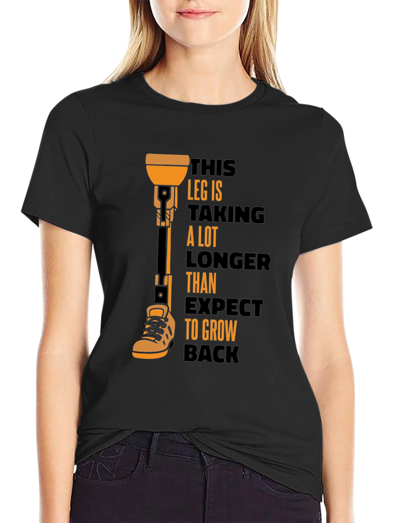 Black Humorous Prosthetic Leg T-Shirt view 2
