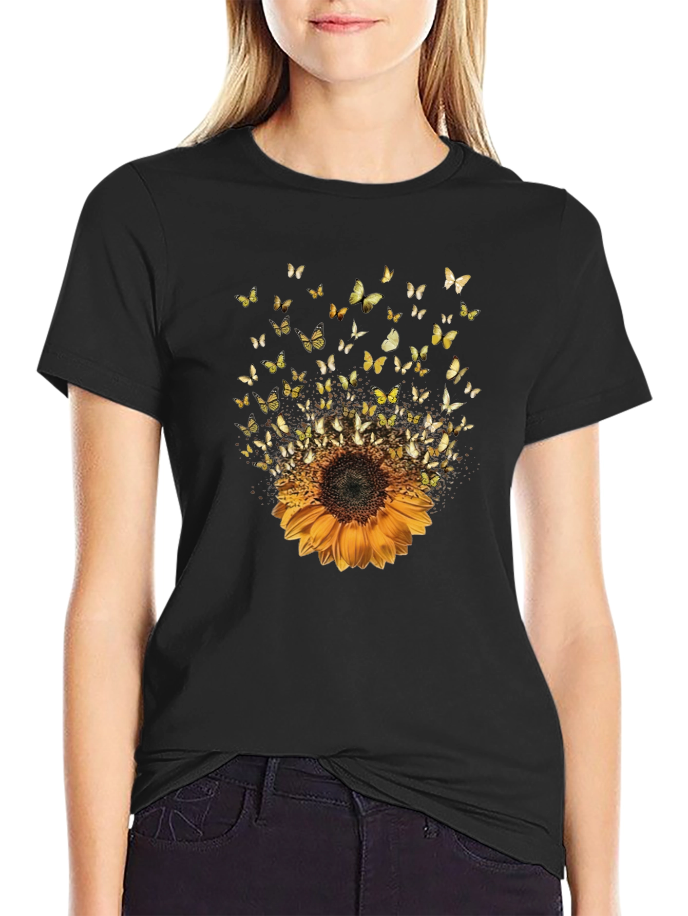 Black Sunflower Butterfly Graphic Tee - Casual Style view 2