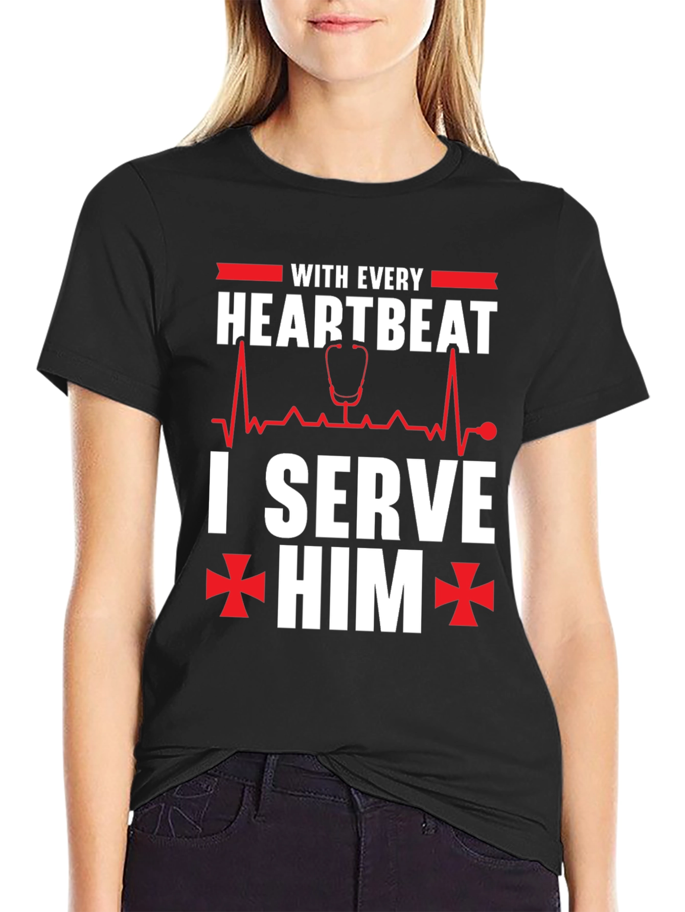 Black With Every Heartbeat I Serve Him Graphic T-Shirt view 2