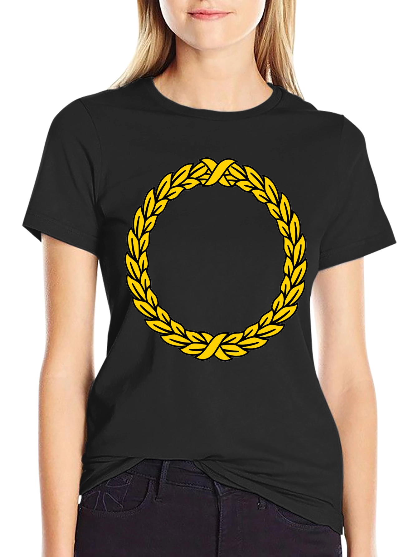 Black Black T-Shirt with Golden Wreath Design view 2