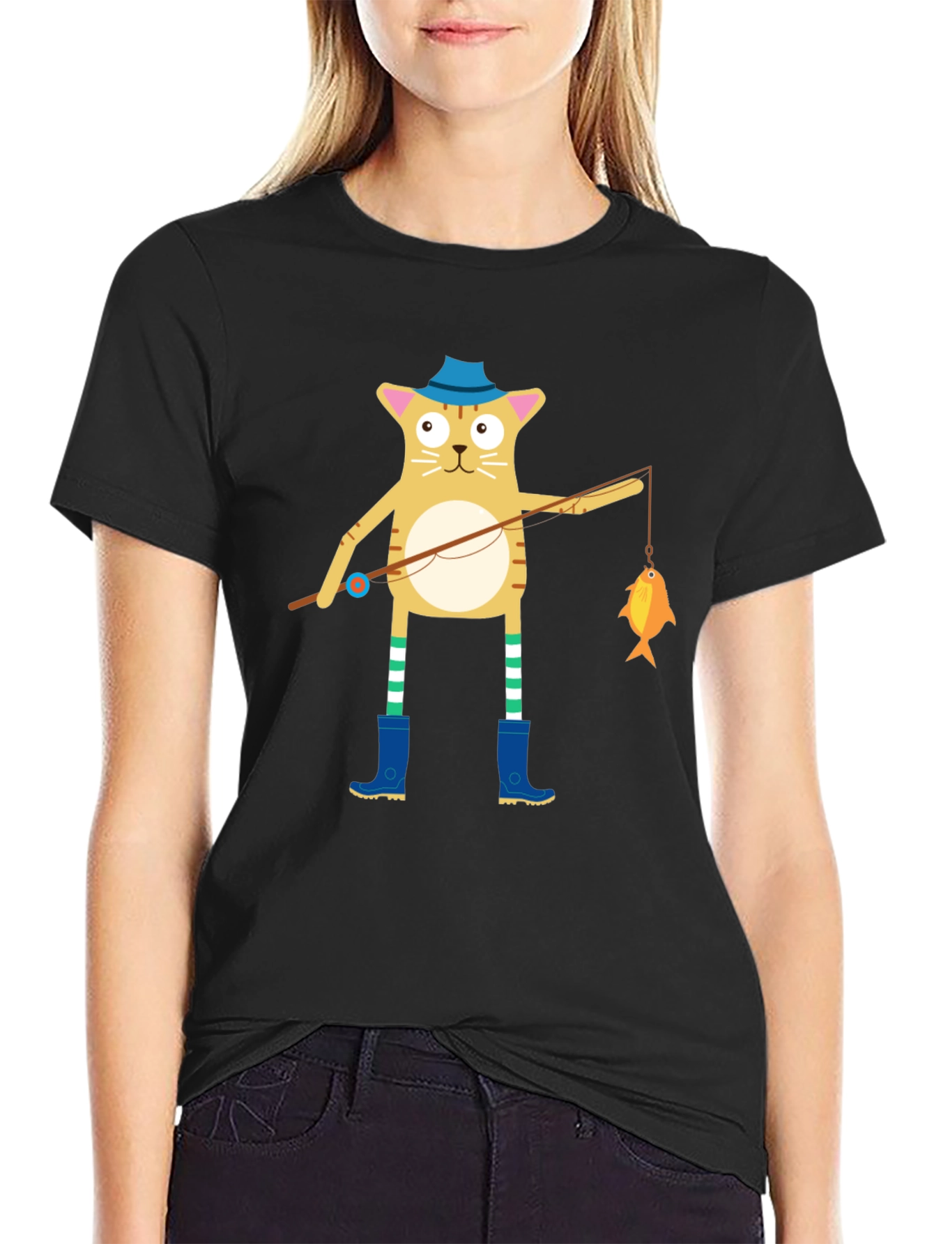 Black Cat Fisherman T-Shirt - Cute Cartoon Design view 2