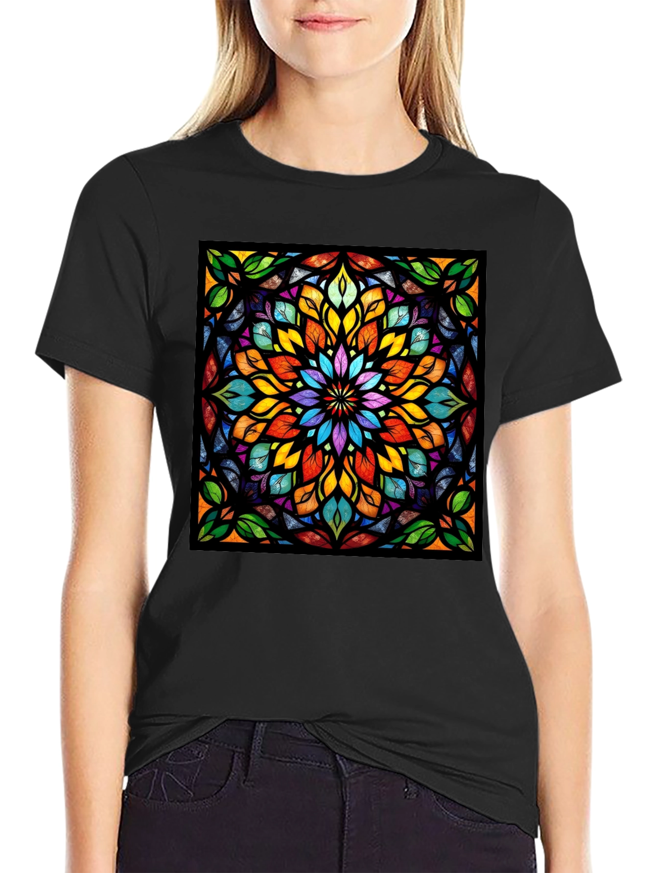 Black Kaleidoscope Stained Glass Design Black T-Shirt view 2