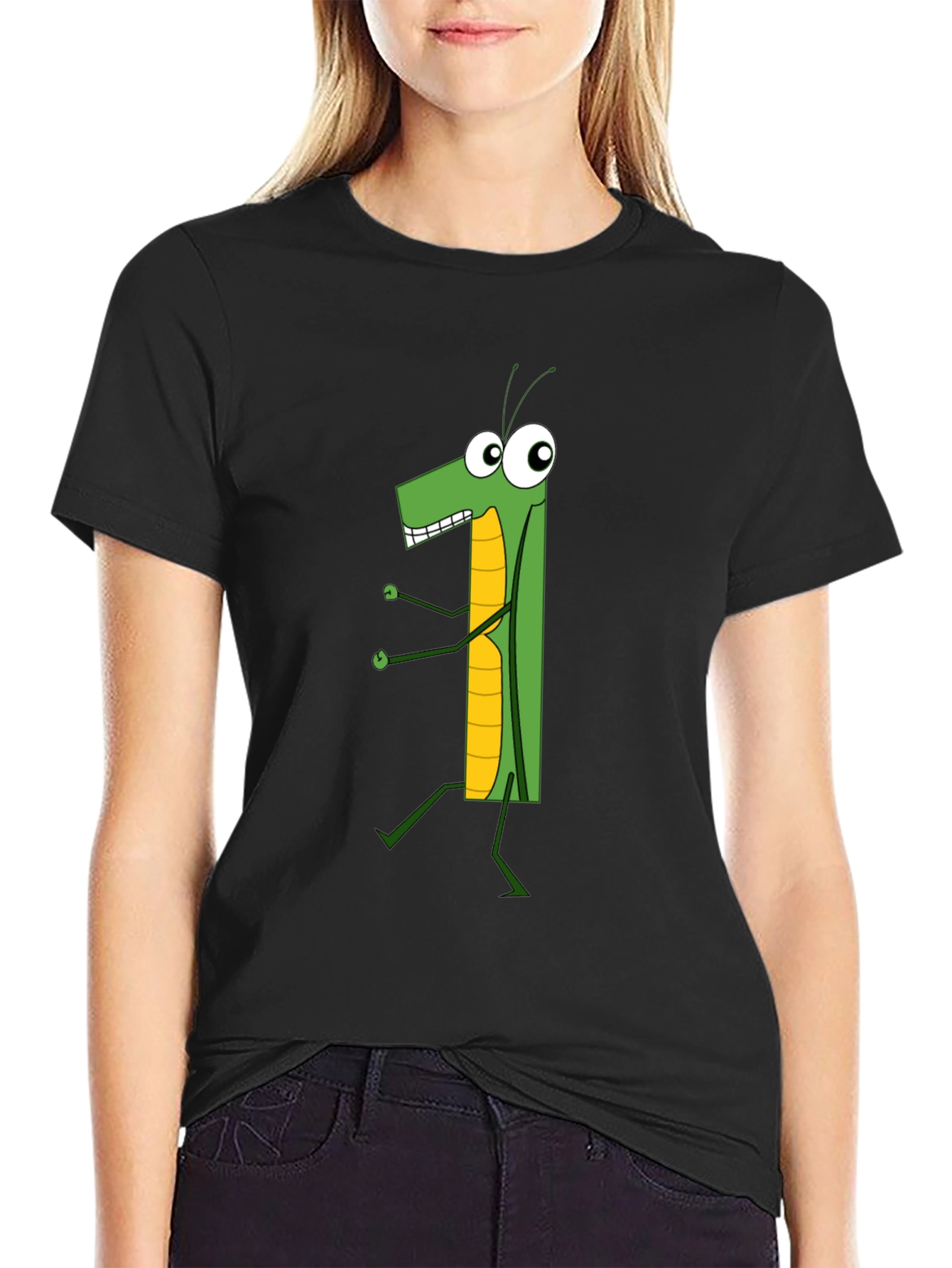 Black Cartoon Grasshopper Graphic T-Shirt view 2