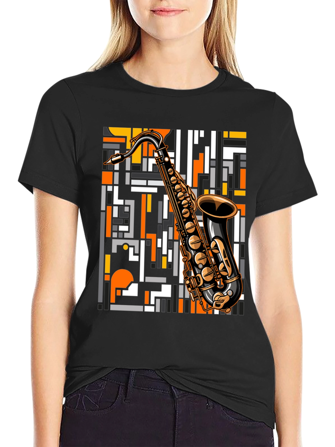 Black Saxophone Graphic Print T-Shirt - Black view 2