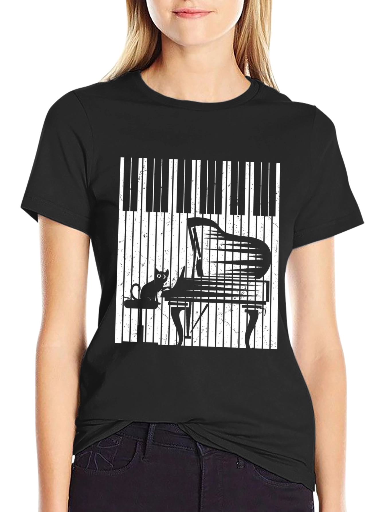 Black Piano Cat Graphic T-Shirt - Music Lover Tee view 2