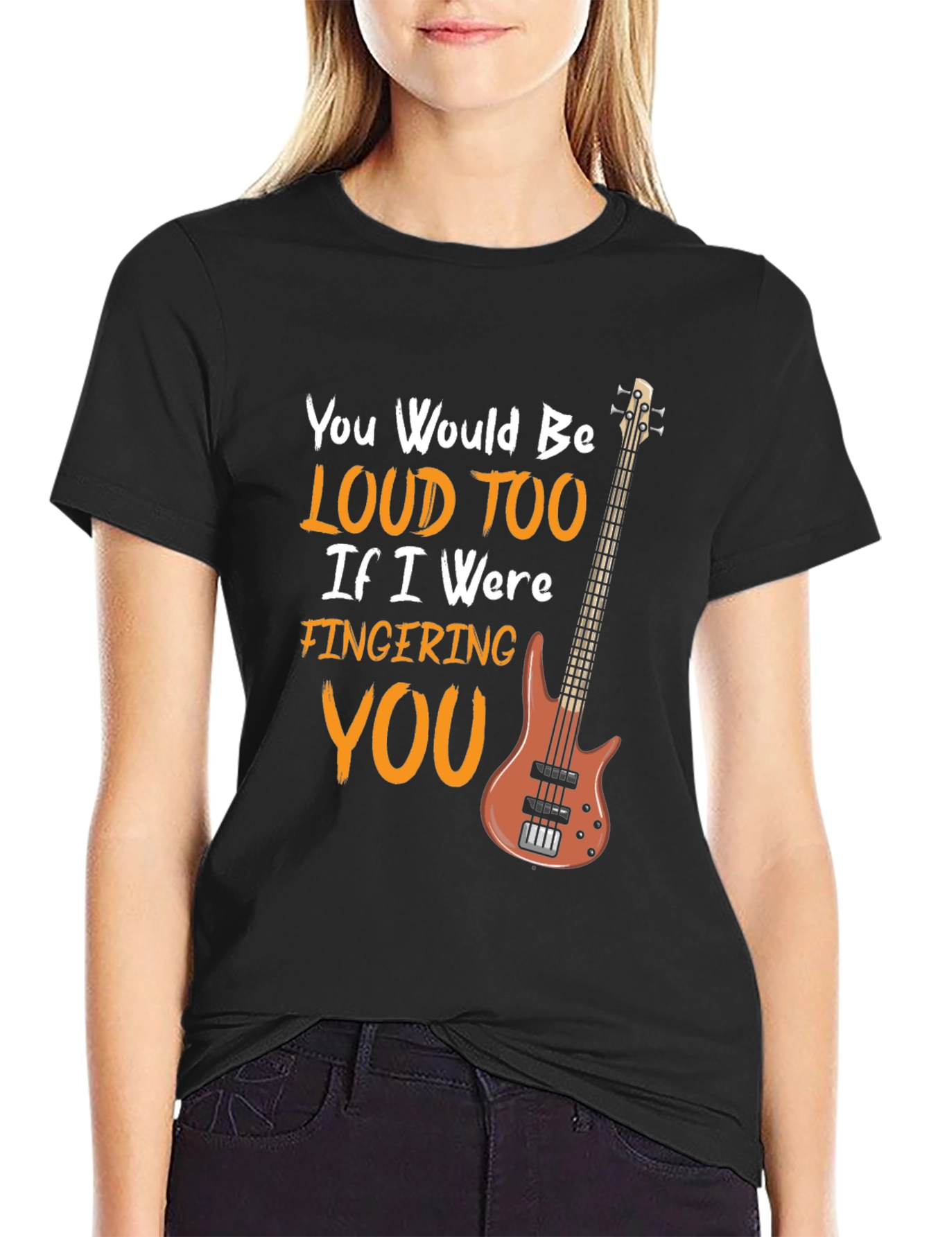 Black Loud Too Funny Bass Guitar Musician Black T-Shirt view 2