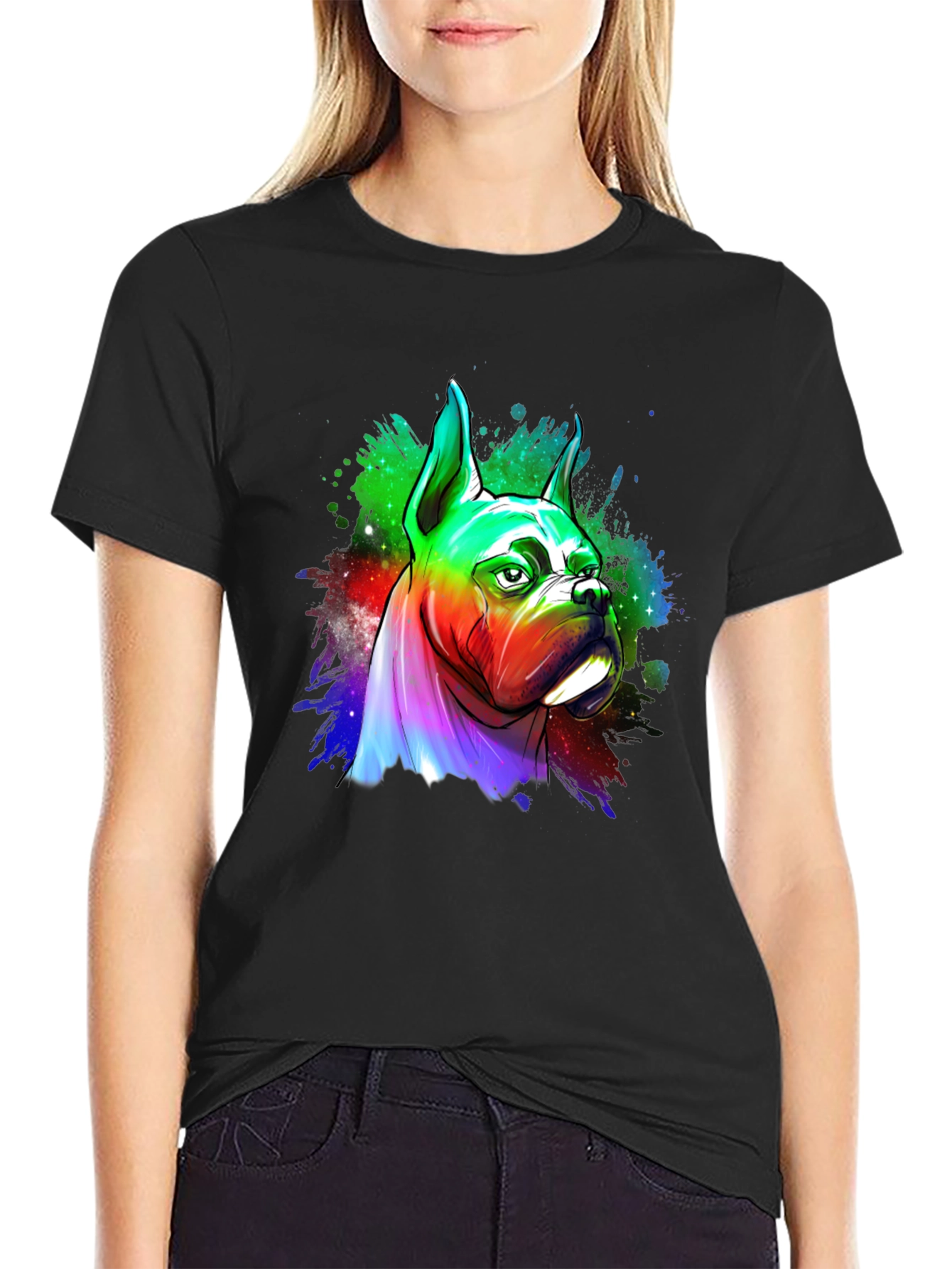 Black Rainbow Boxer Dog Graphic Tee - Unique Art T-Shirt view 2