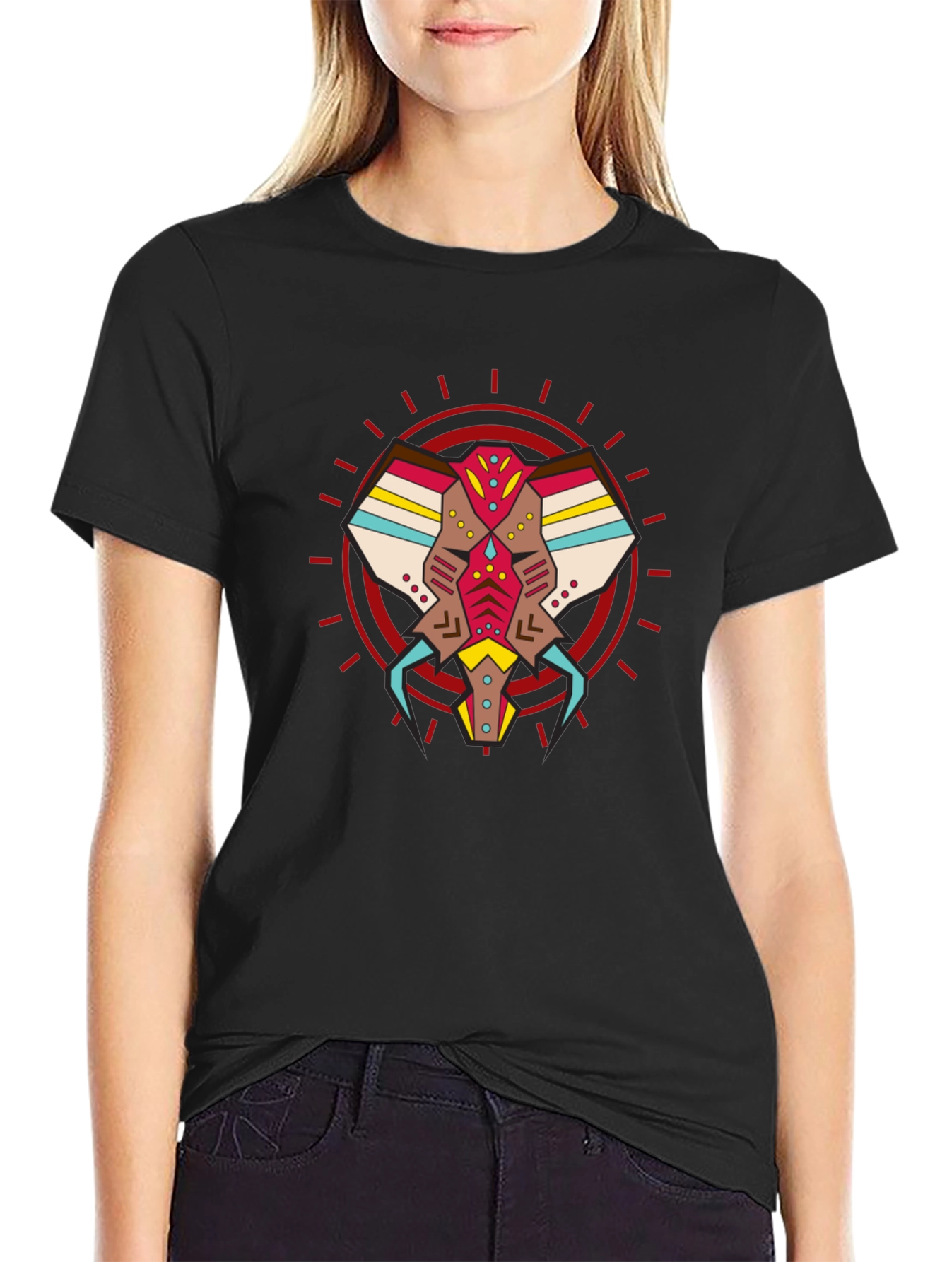 Black Abstract Geometric Elephant Graphic Tee - Black view 2