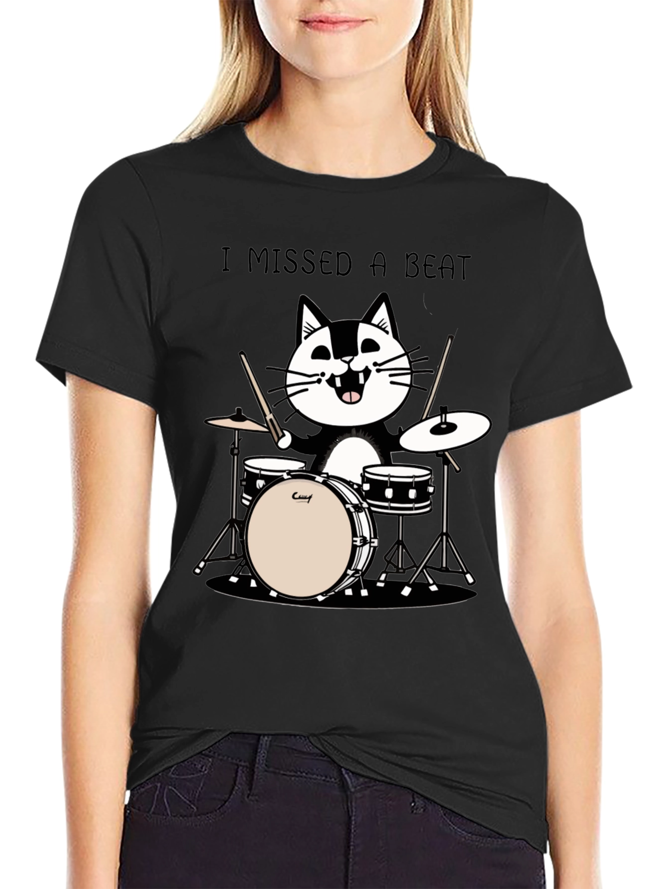 Black I Missed a Beat Cat Drummer T-Shirt view 2