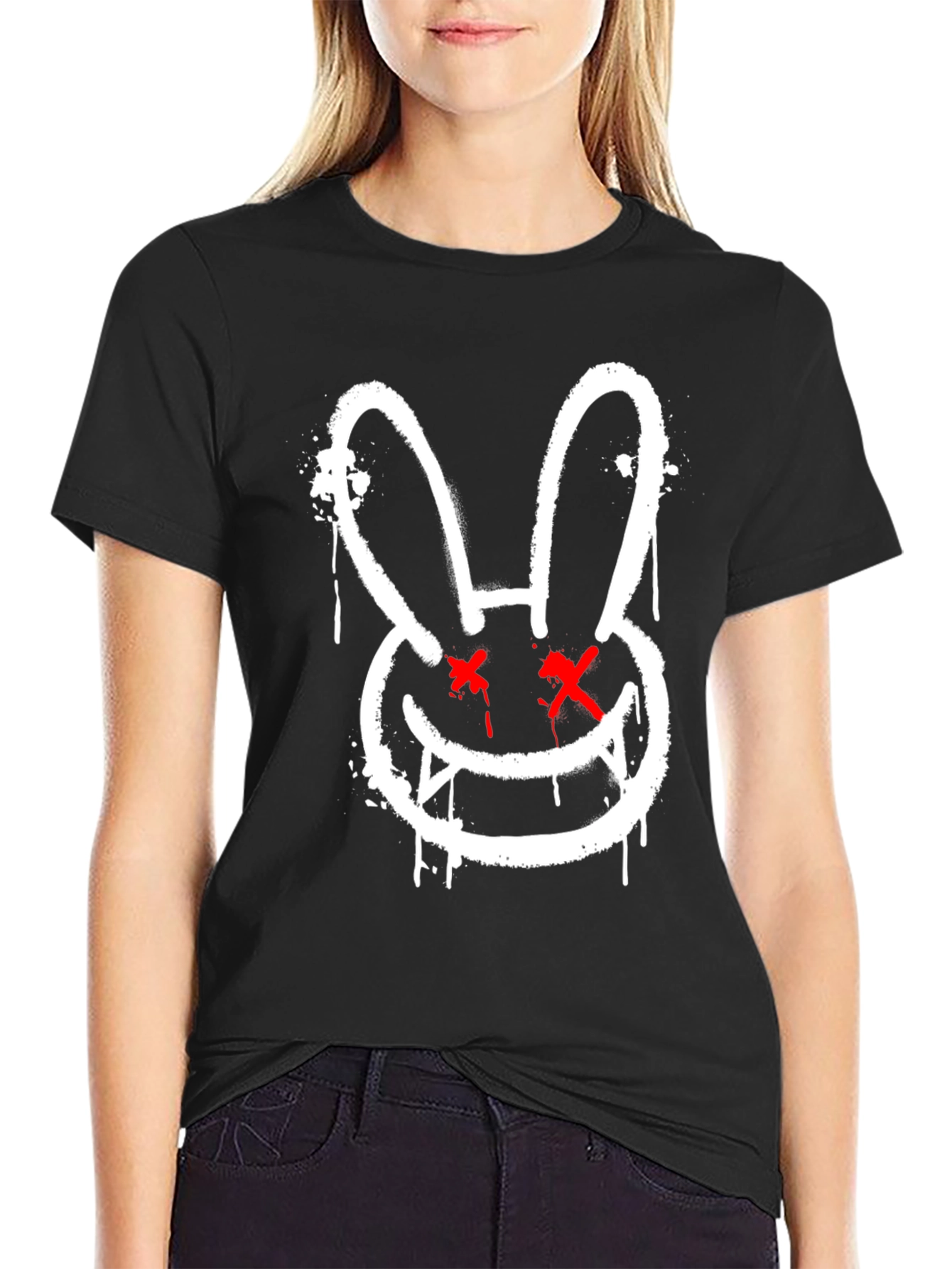 Black Edgy Rabbit Graphic Tee - Black Cotton Casual Shirt view 2