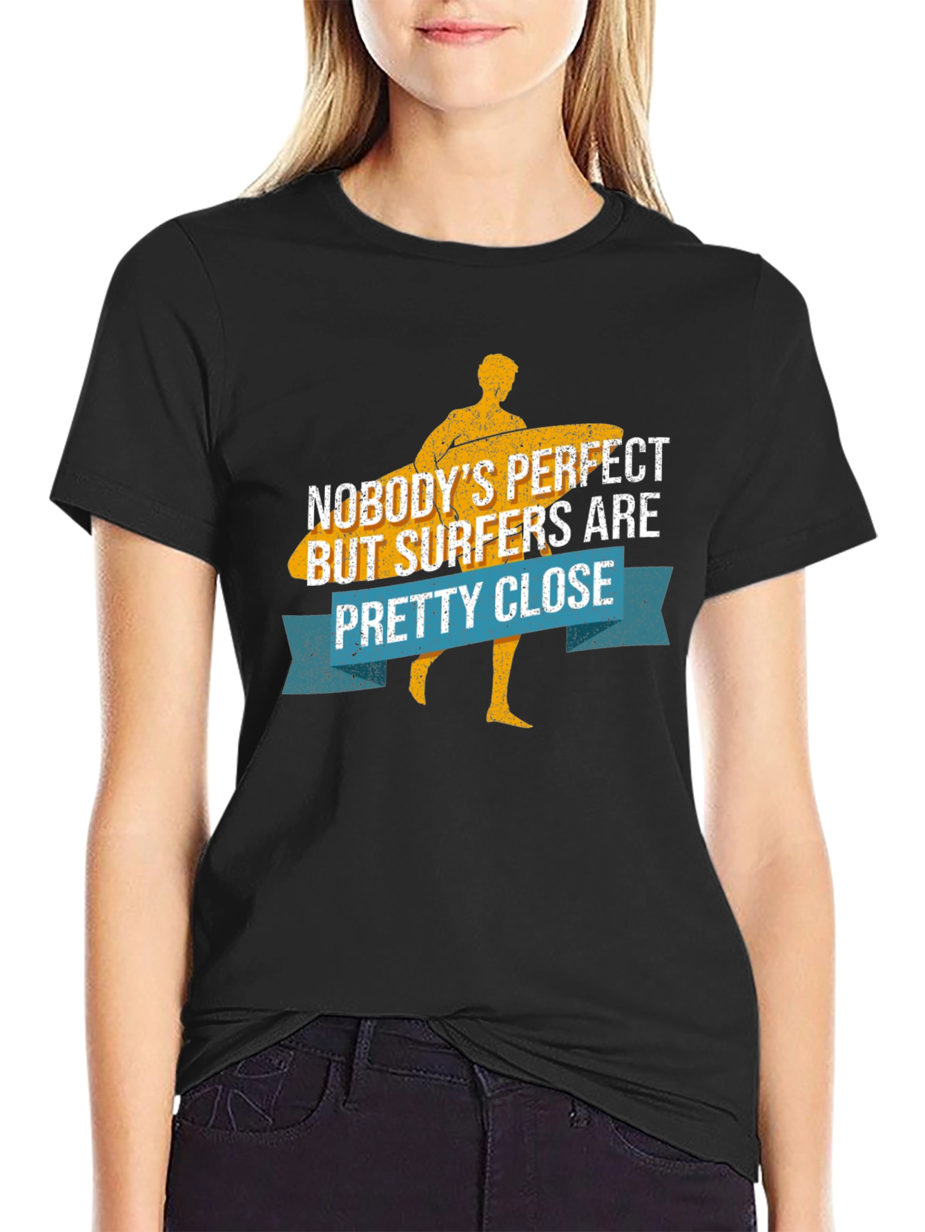 Black Funny Surfer T-Shirt - Nobody's Perfect Surfers Close! view 2