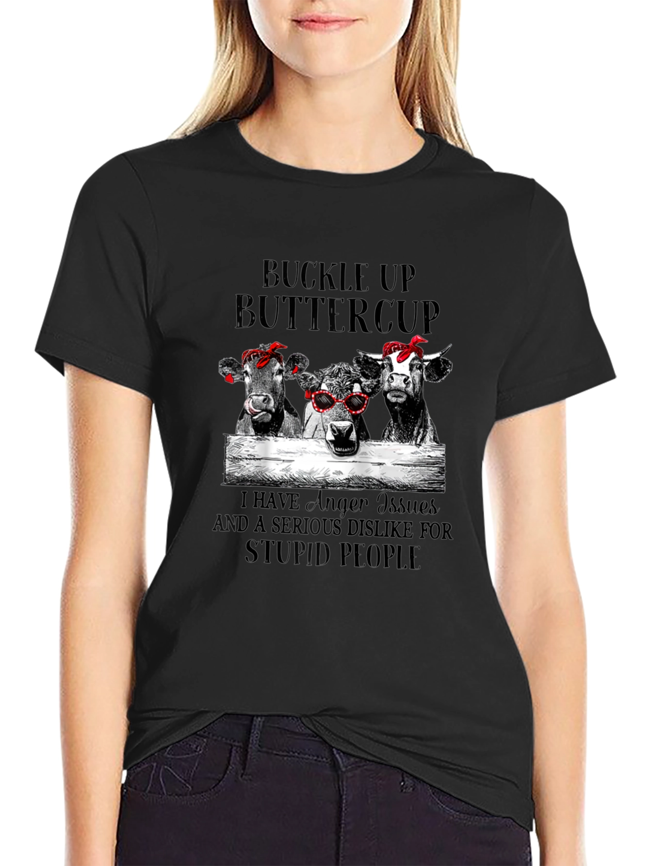 Black Buckle Up Buttercup Cows Graphic Tee view 2