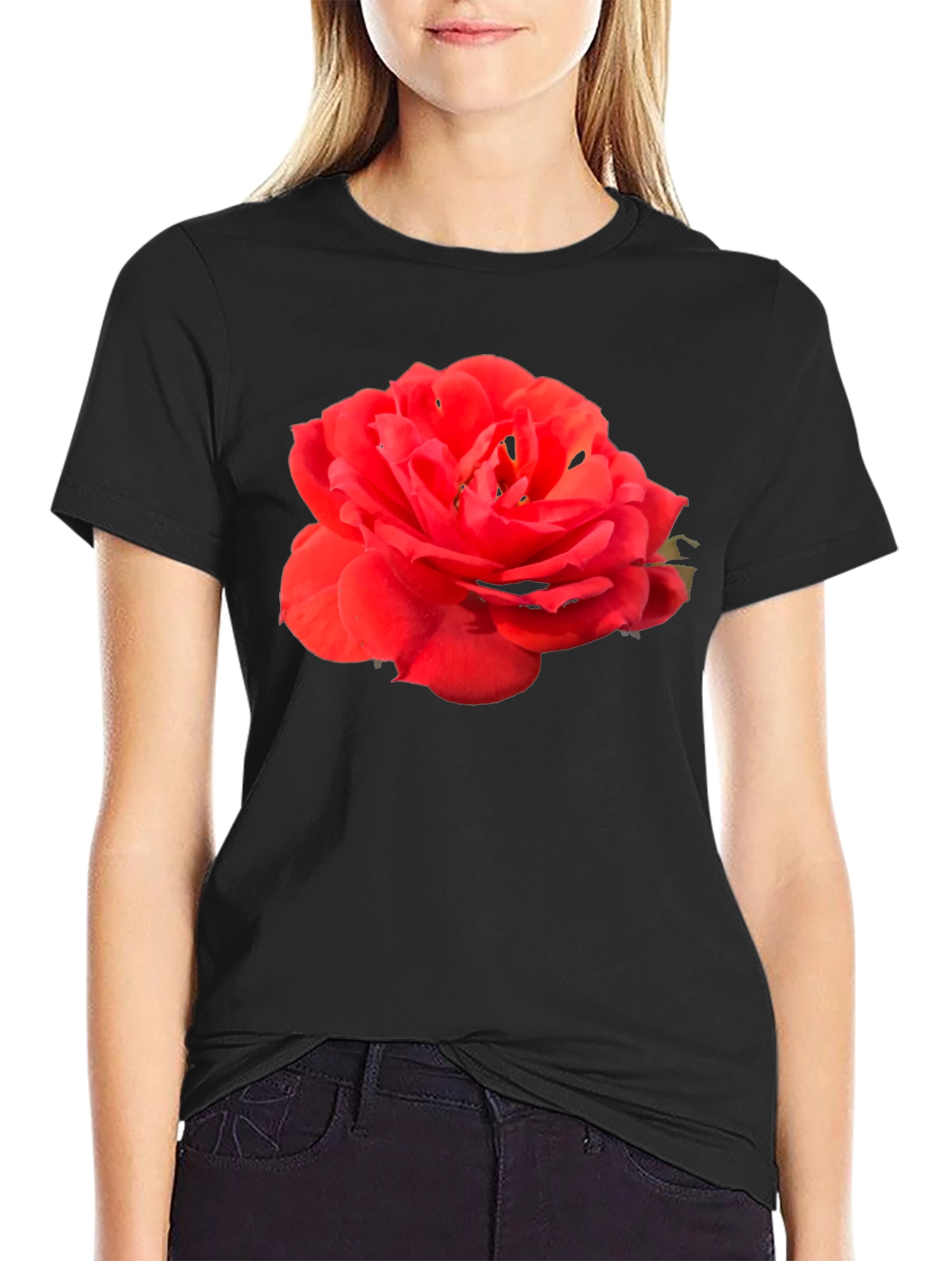 Black Red Rose Graphic Tee - Classic Black Cotton T-Shirt view 2
