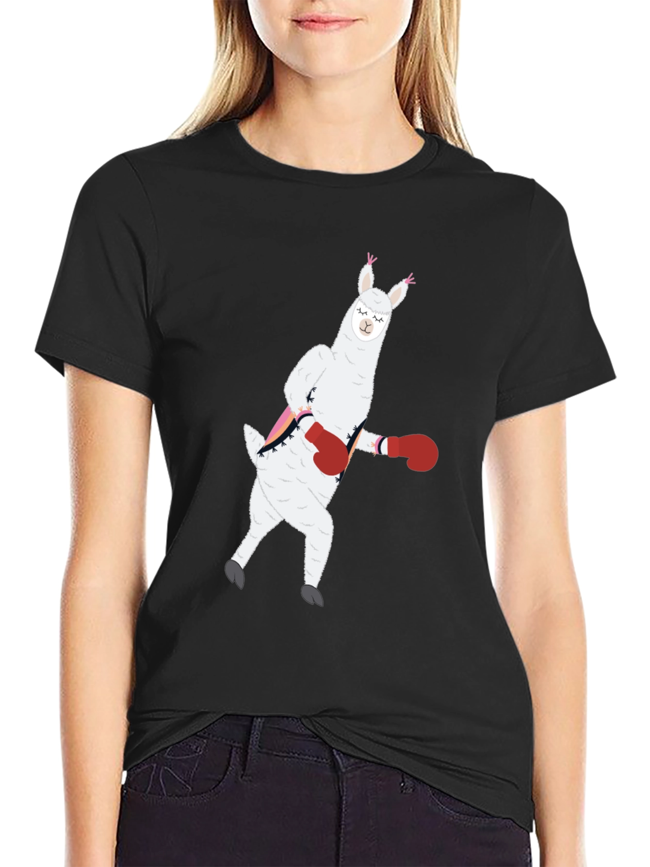 Black Llama Boxing Funny Graphic Tee view 2