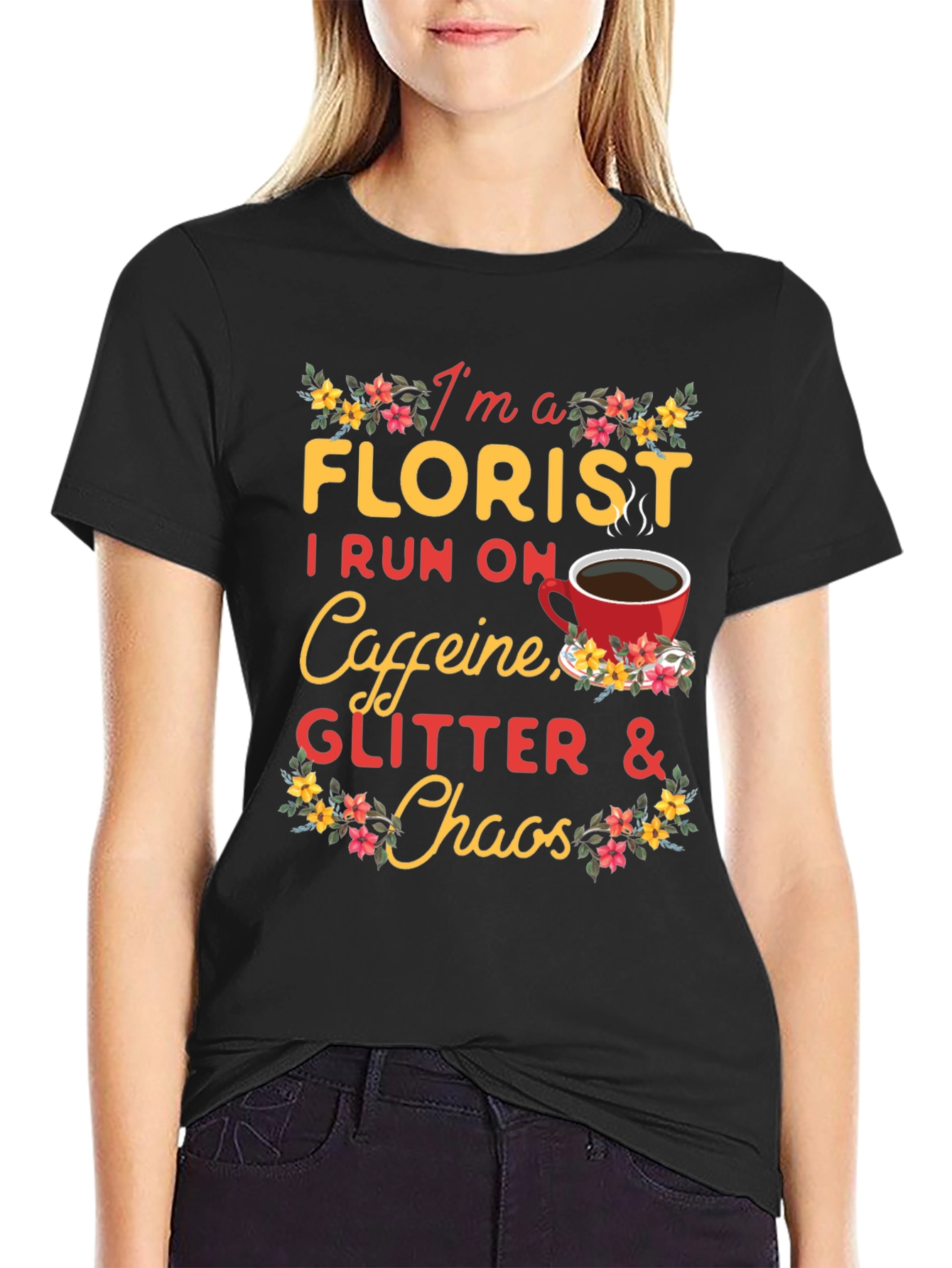 Black Florist Caffeine Glitter Chaos T-Shirt view 2