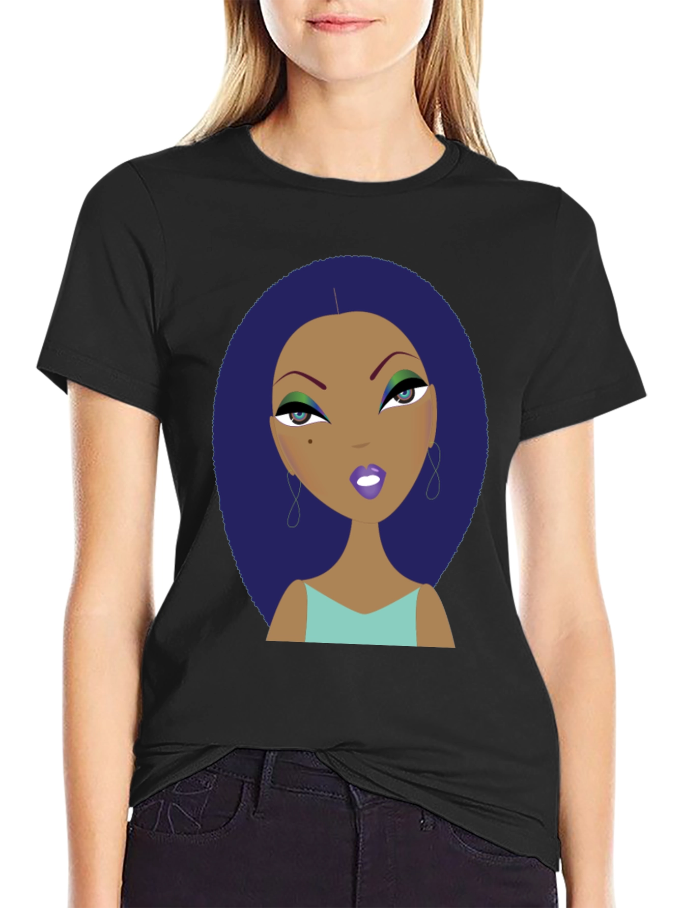 Black Funky Cartoon Lady Graphic Print Tee view 2