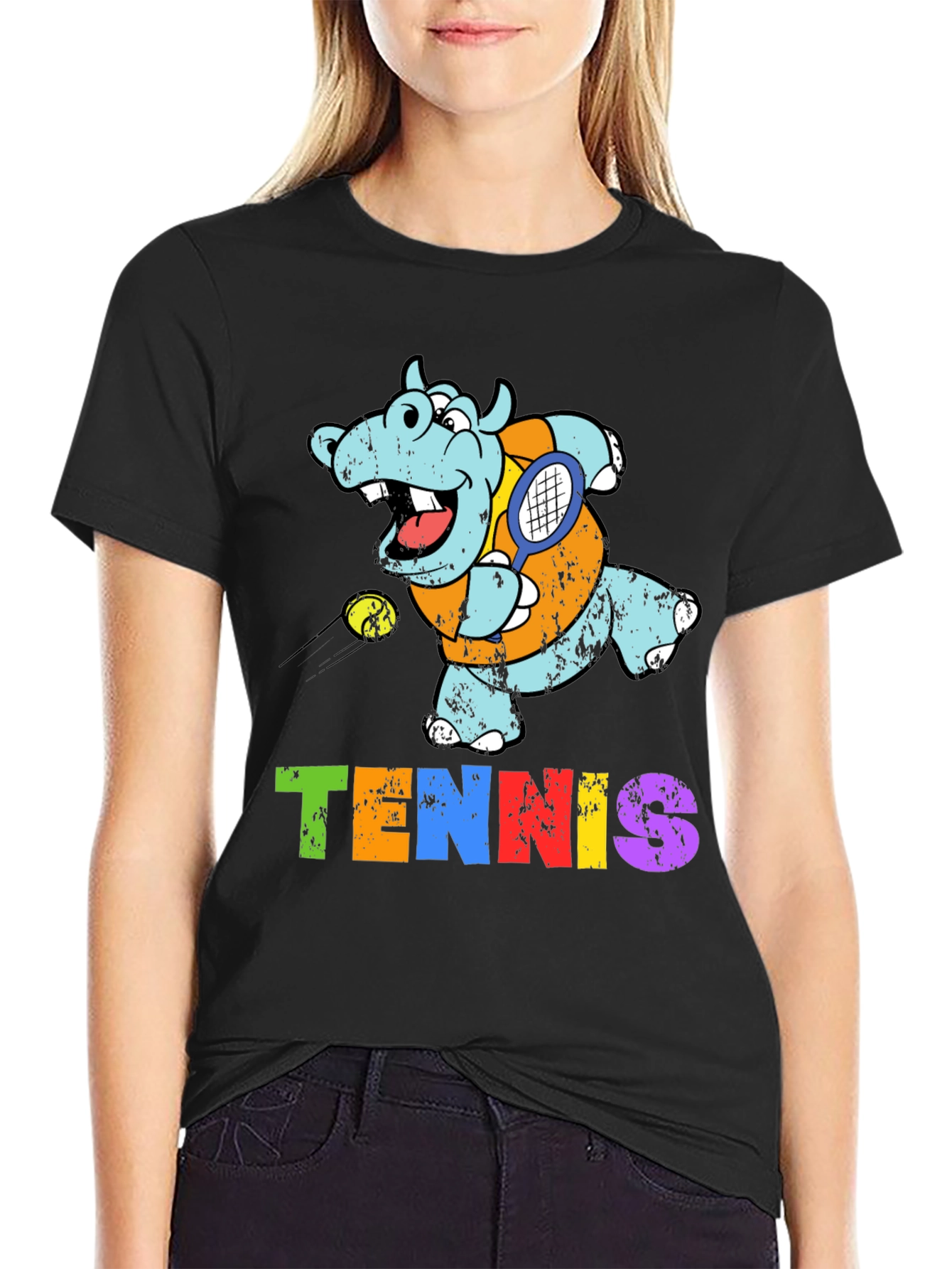 Black Cartoon Hippo Tennis Player Graphic T-Shirt view 2