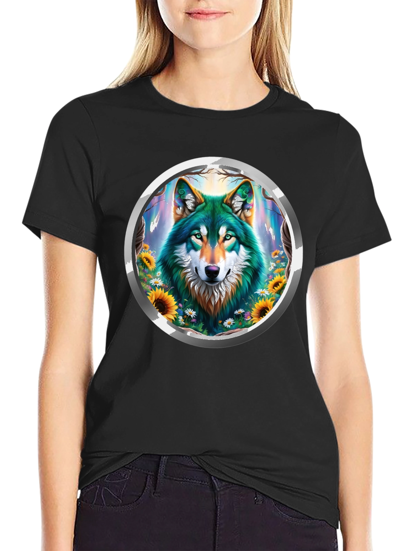 Black Wolf Circle Graphic Tee - Nature Inspired Design view 2
