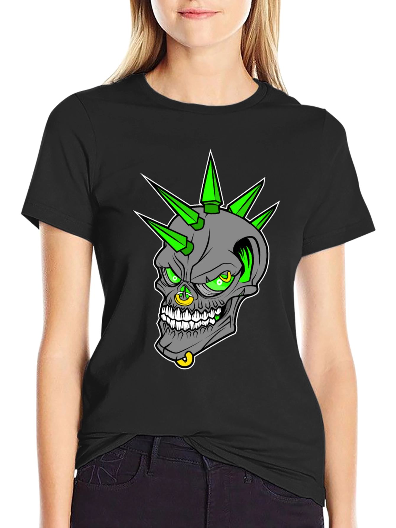 Black Edgy Skull Graphic T-Shirt - Punk Rock Style view 2