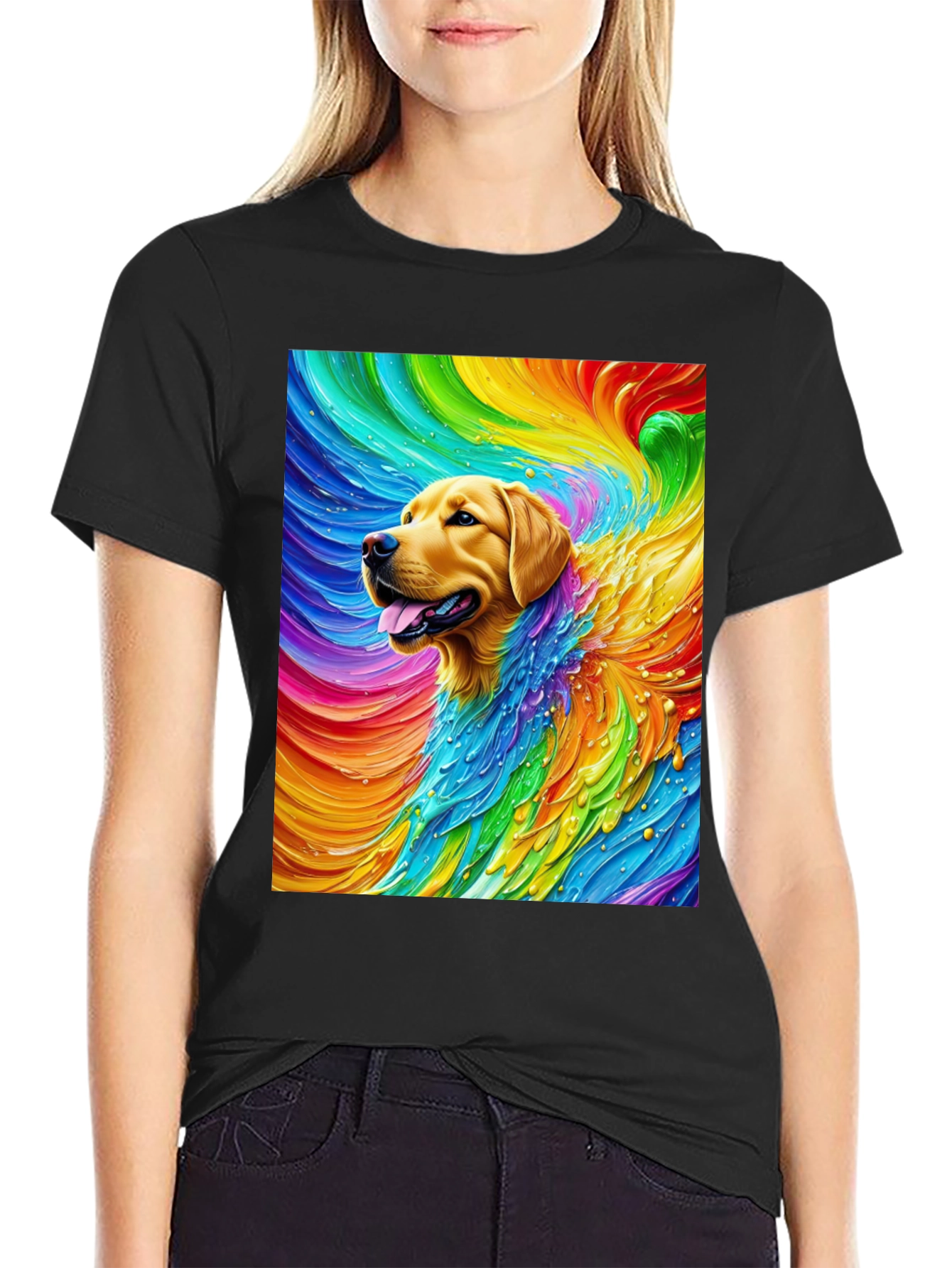 Black Rainbow Dog Graphic Tee - Soft Cotton Blend T-Shirt view 2