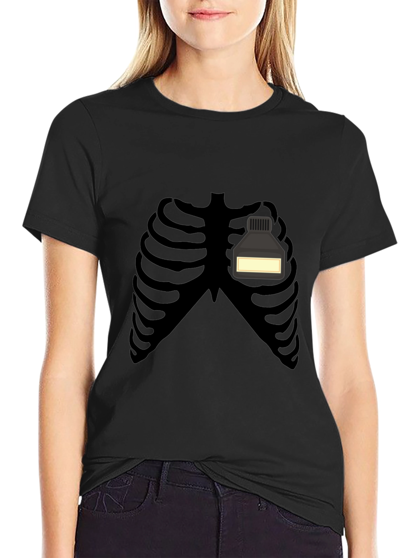Black Skeleton Rib Cage Ink Bottle Funny Graphic T-Shirt view 2
