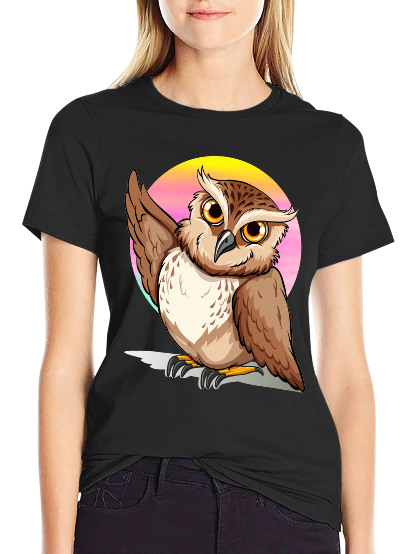 Black Owl Graphic Print Black T-Shirt view 2