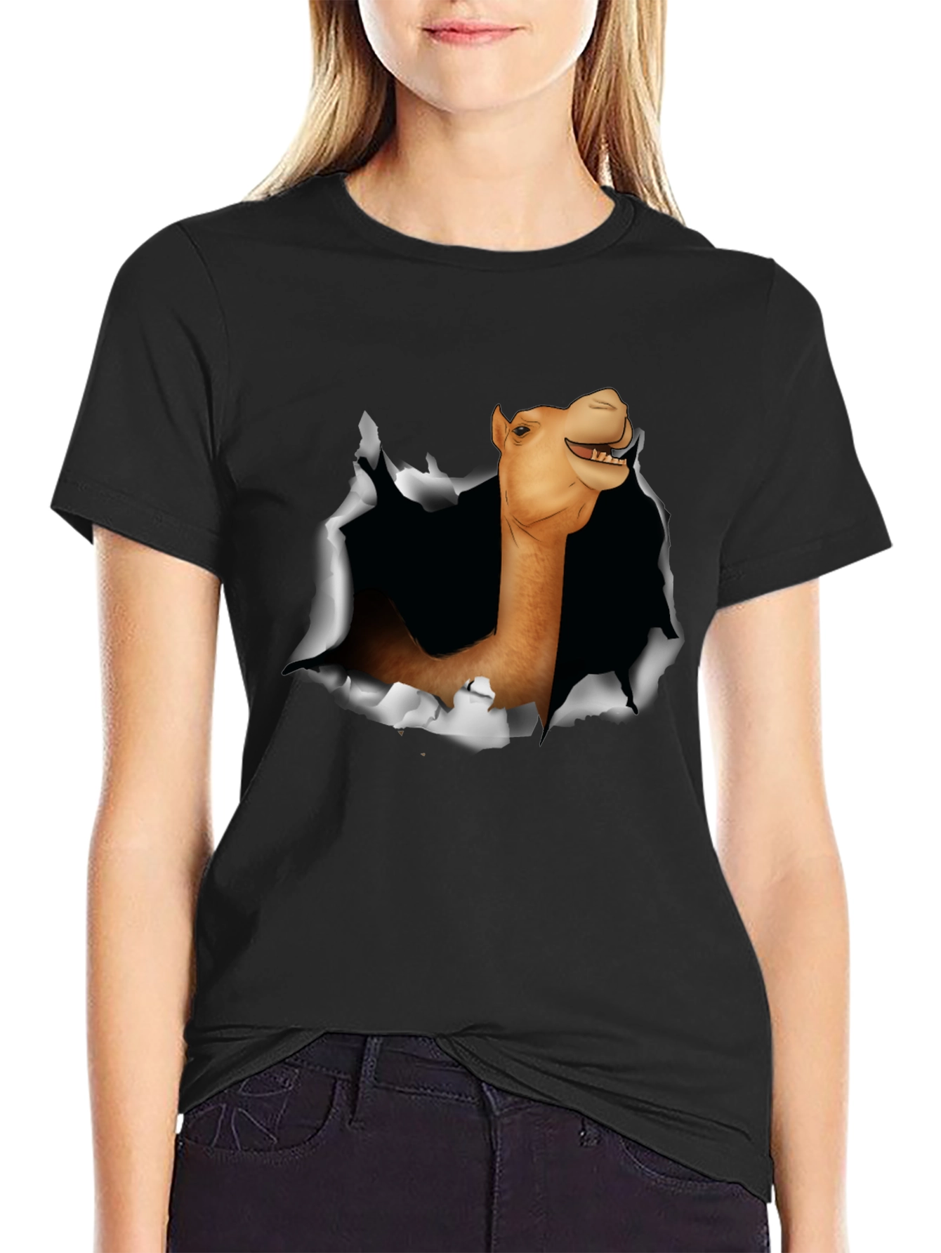 Black Camel Head Ripping Through Black T-Shirt view 2
