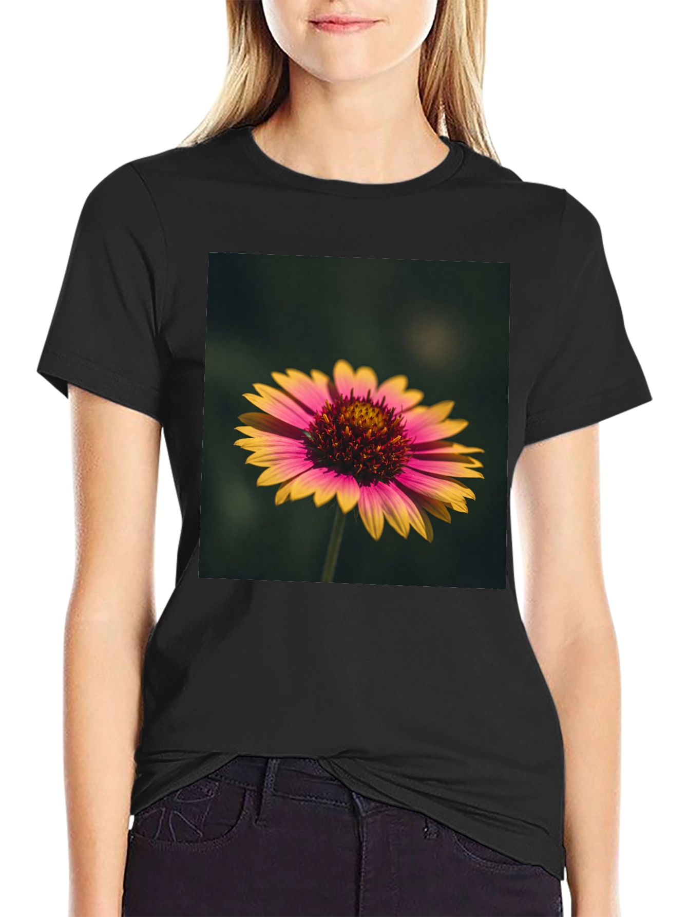 Black Floral Print Black T-Shirt - Casual Wear view 2