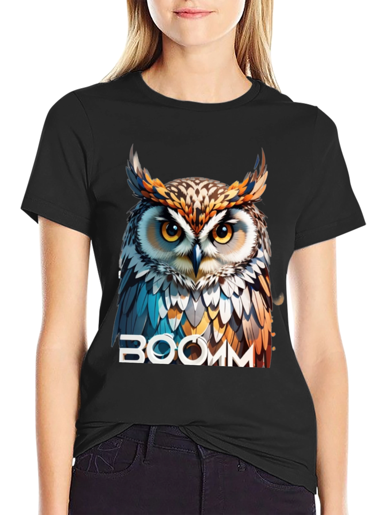Black Owl Graphic T-Shirt - "BOOMM" Design view 2