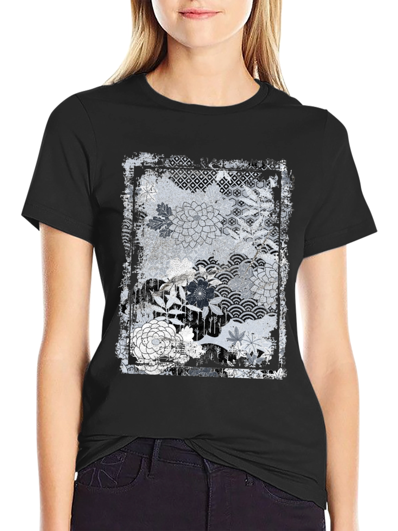 Black Distressed Floral Graphic Black Tee view 2