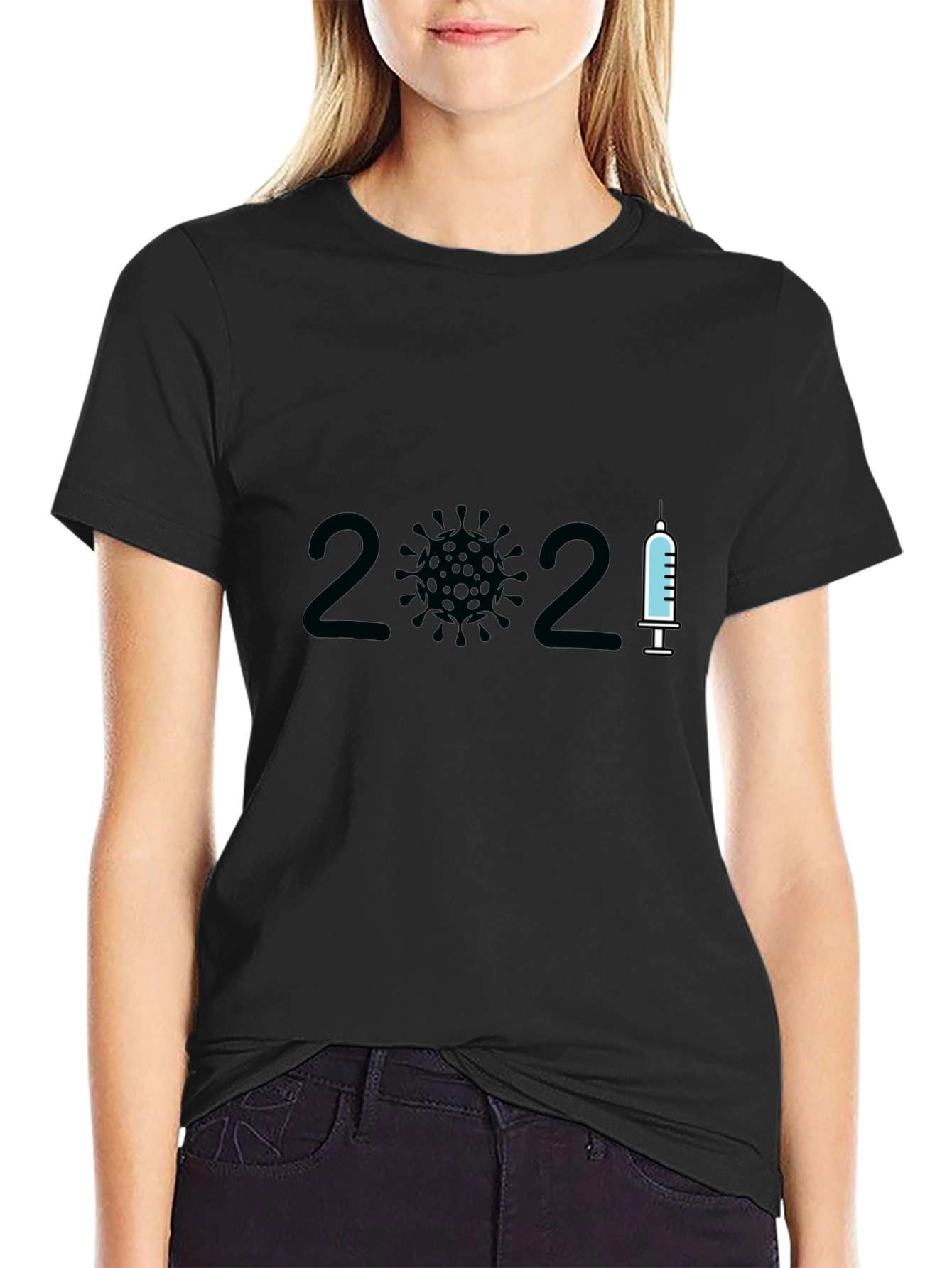 Black 2021 Covid Vaccine T-Shirt - Black Crew Neck view 2