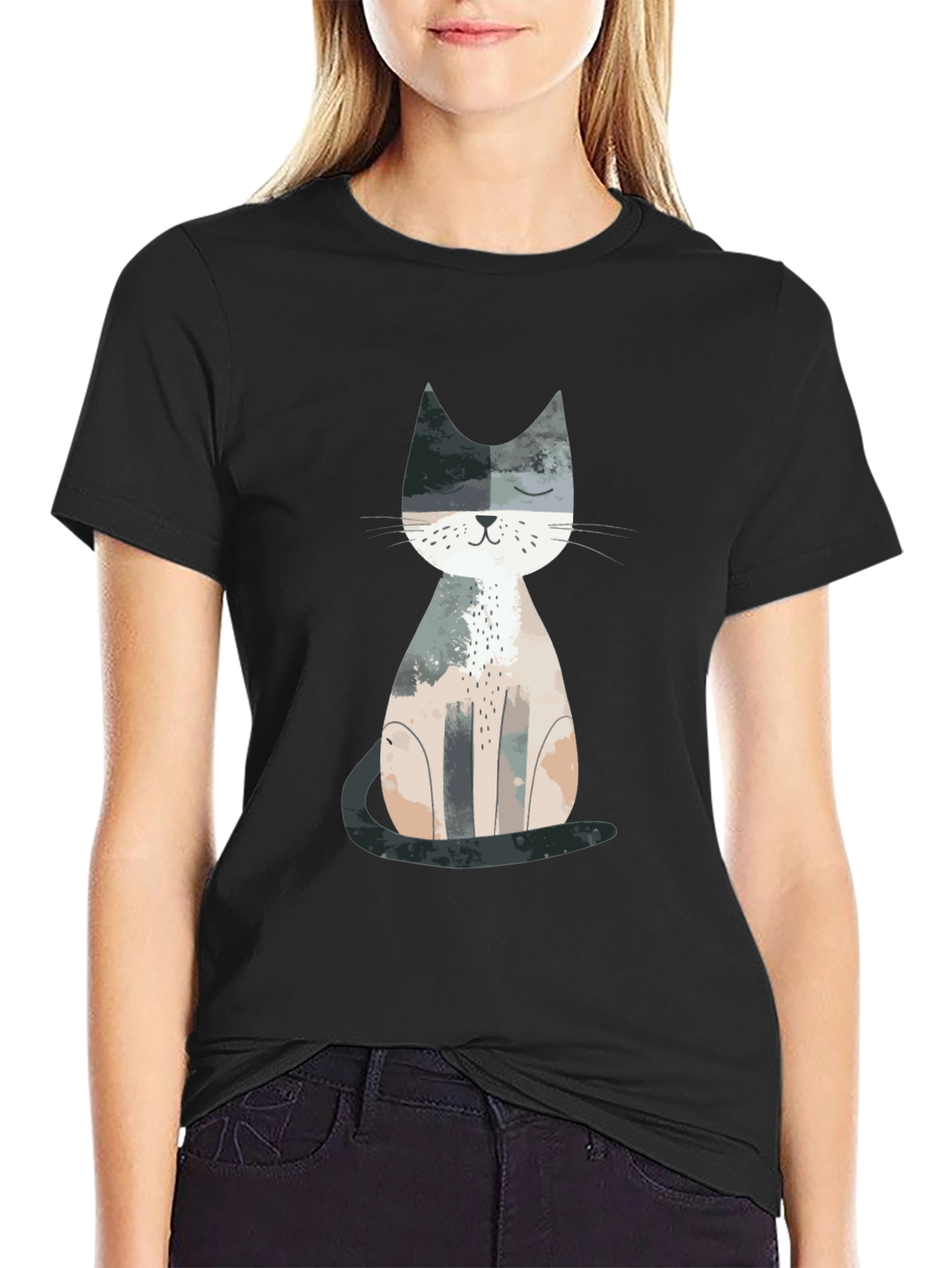 Black Cute Cat Graphic Print Crew Neck T-Shirt view 2