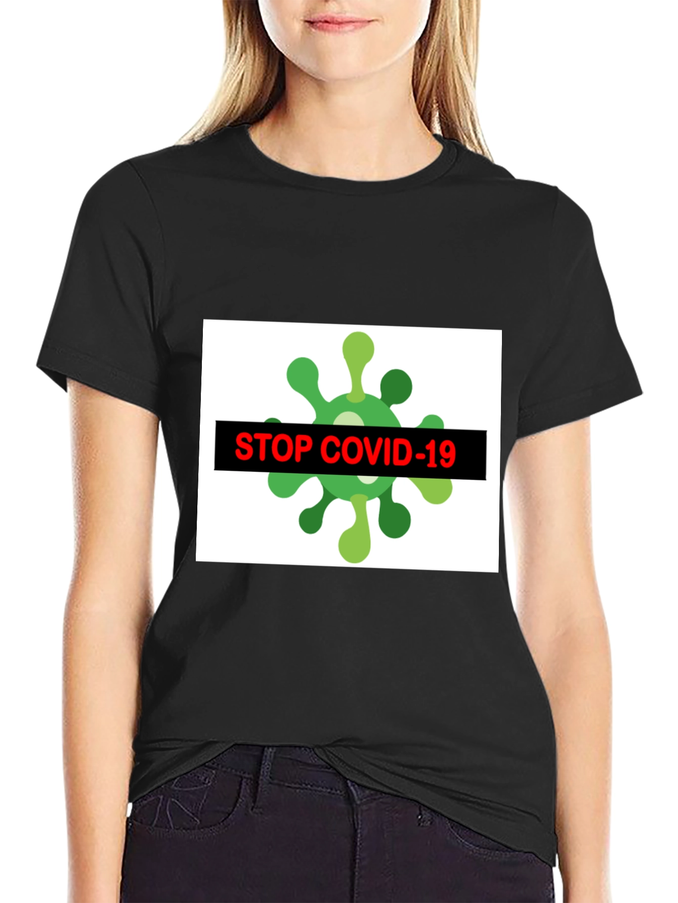 Black Stop Covid-19 Graphic Tee - Black Crew Neck T-Shirt view 2