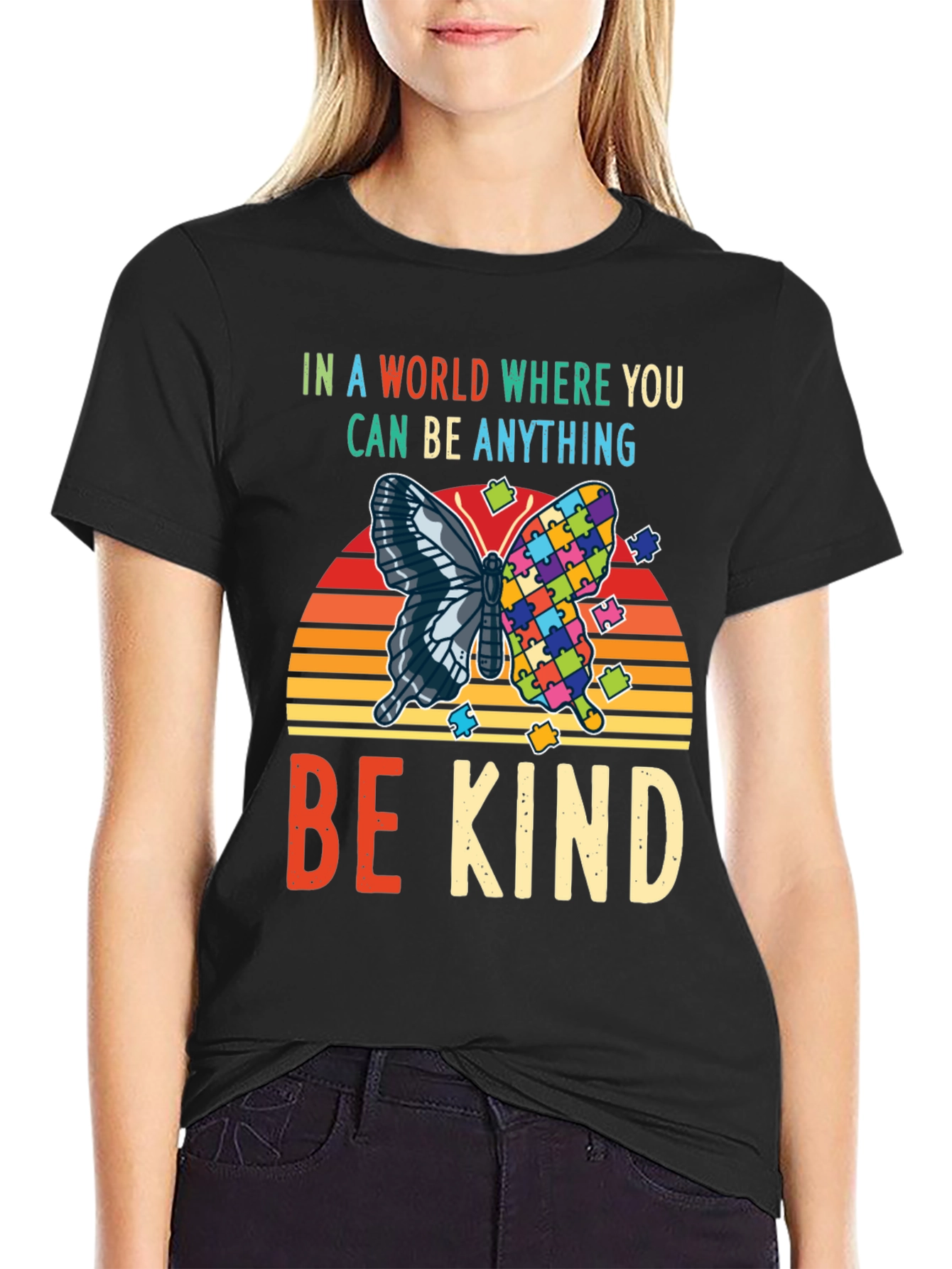 Black Be Kind Autism Awareness Butterfly T-Shirt view 2